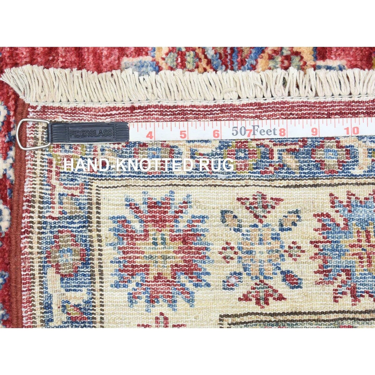 3'1"X11' Rich Red Hand Knotted Kazak Geometric Medallions Wool Runner Rug