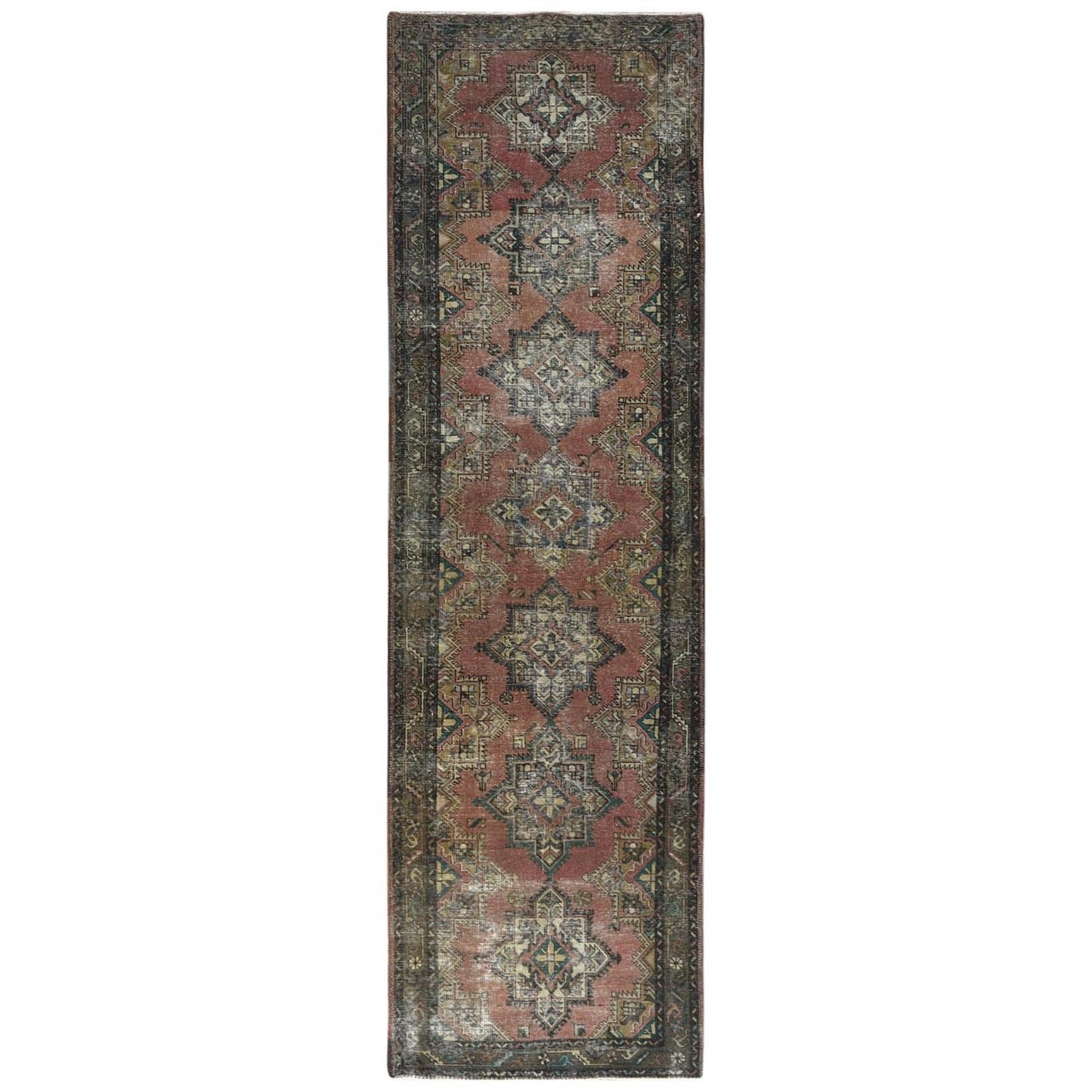 3'9"X12'8" Brown Hand Knotted Vintage Farsian Worn Wool Runner Rug