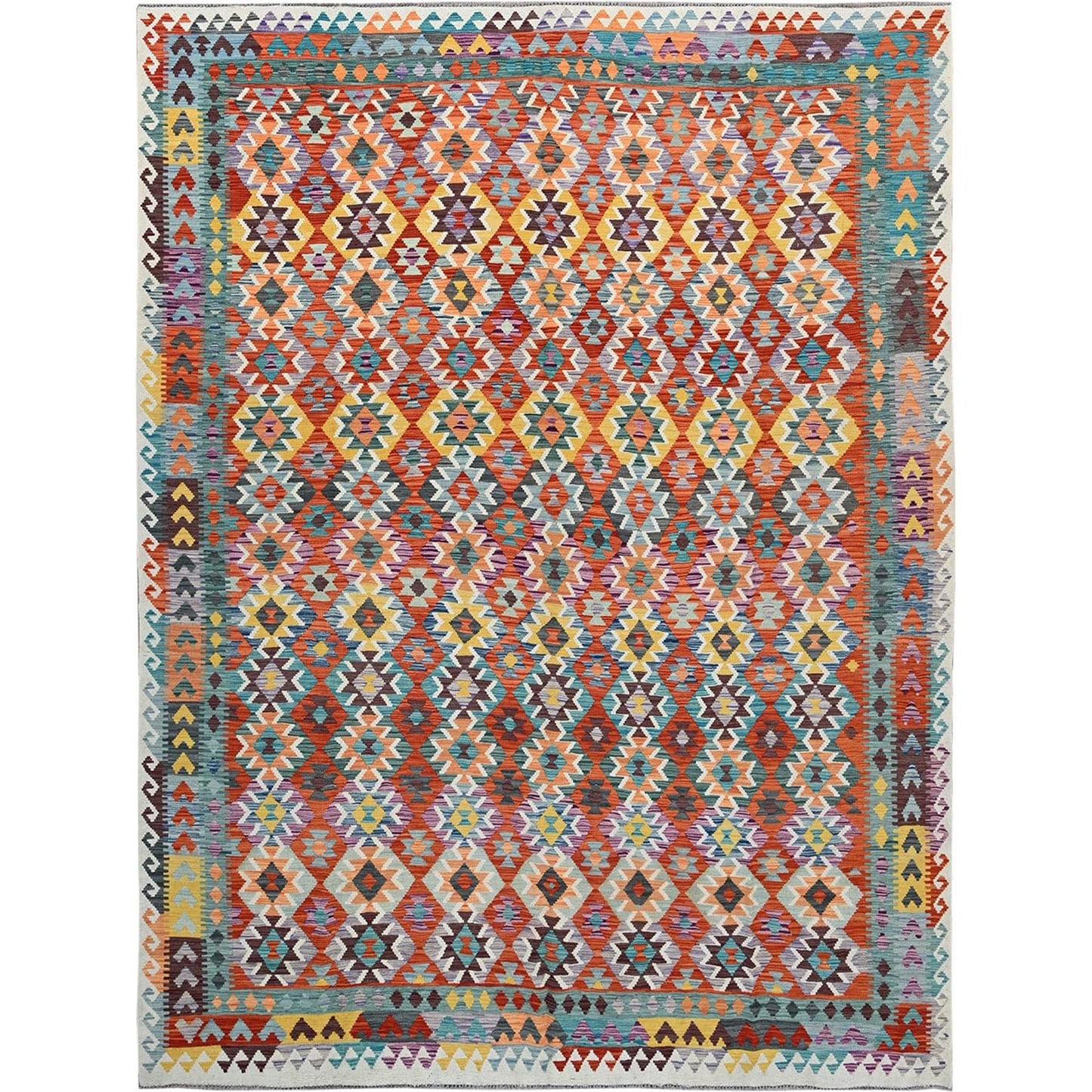 10'X13' Colorful Afghan Kilim Flat Weave Pure Wool Hand Woven Rug