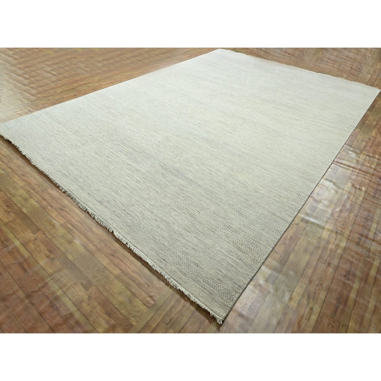 10'X14' Ivory Modern Grass Design Hand Knotted Wool And Silk Oriental Rug