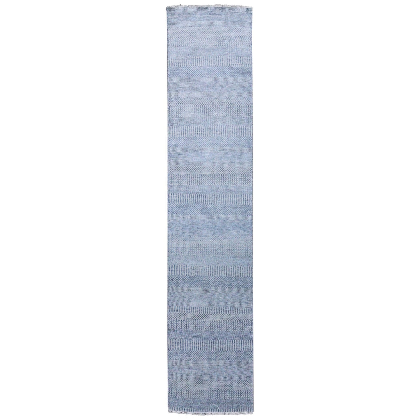 2'6"X12' Gray, Modern Grass Design, Wool And Silk Hand Knotted Runner Rug