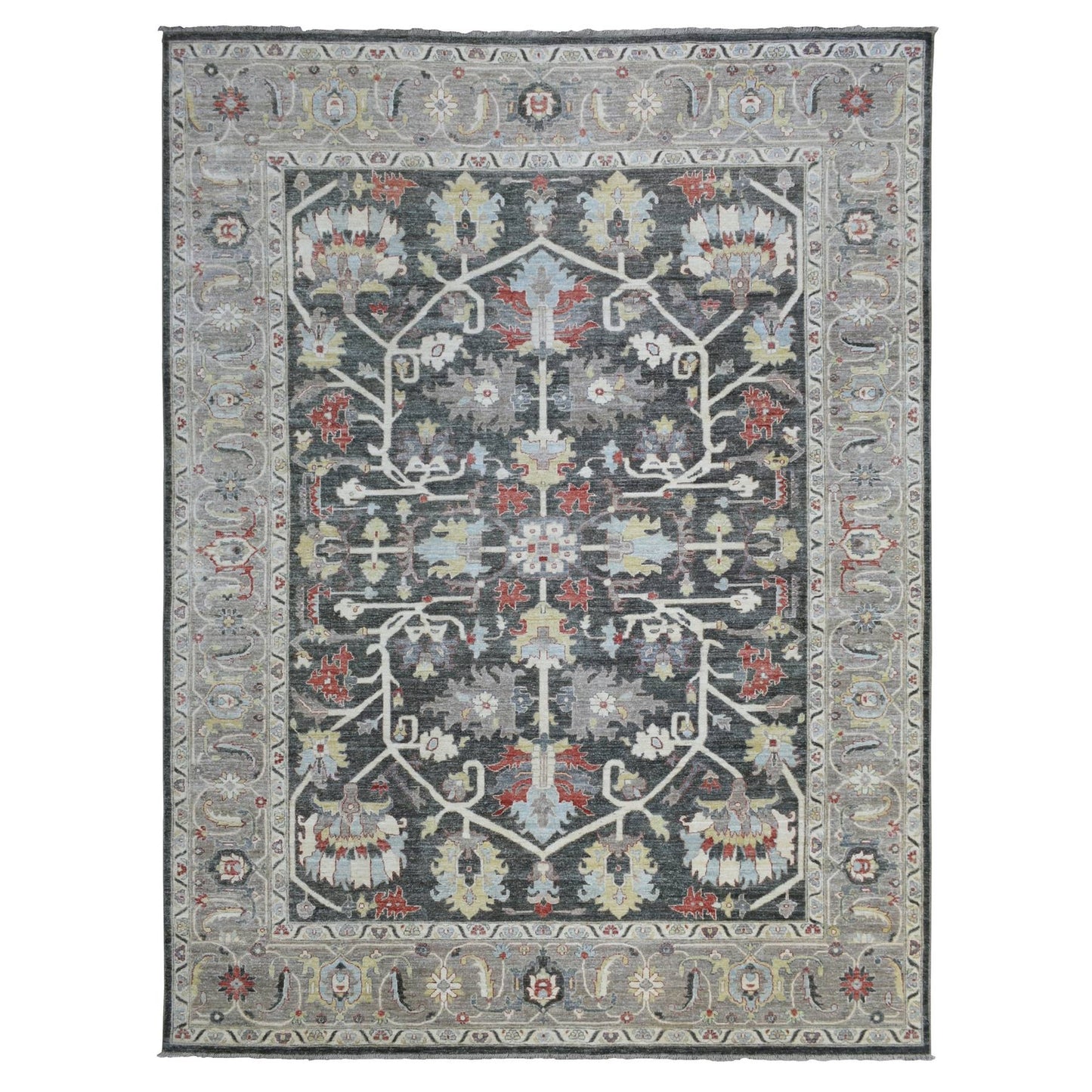 9'3"X11'9" Charcoal Black Afghan Peshawar Soft Wool Hand Knotted Rug