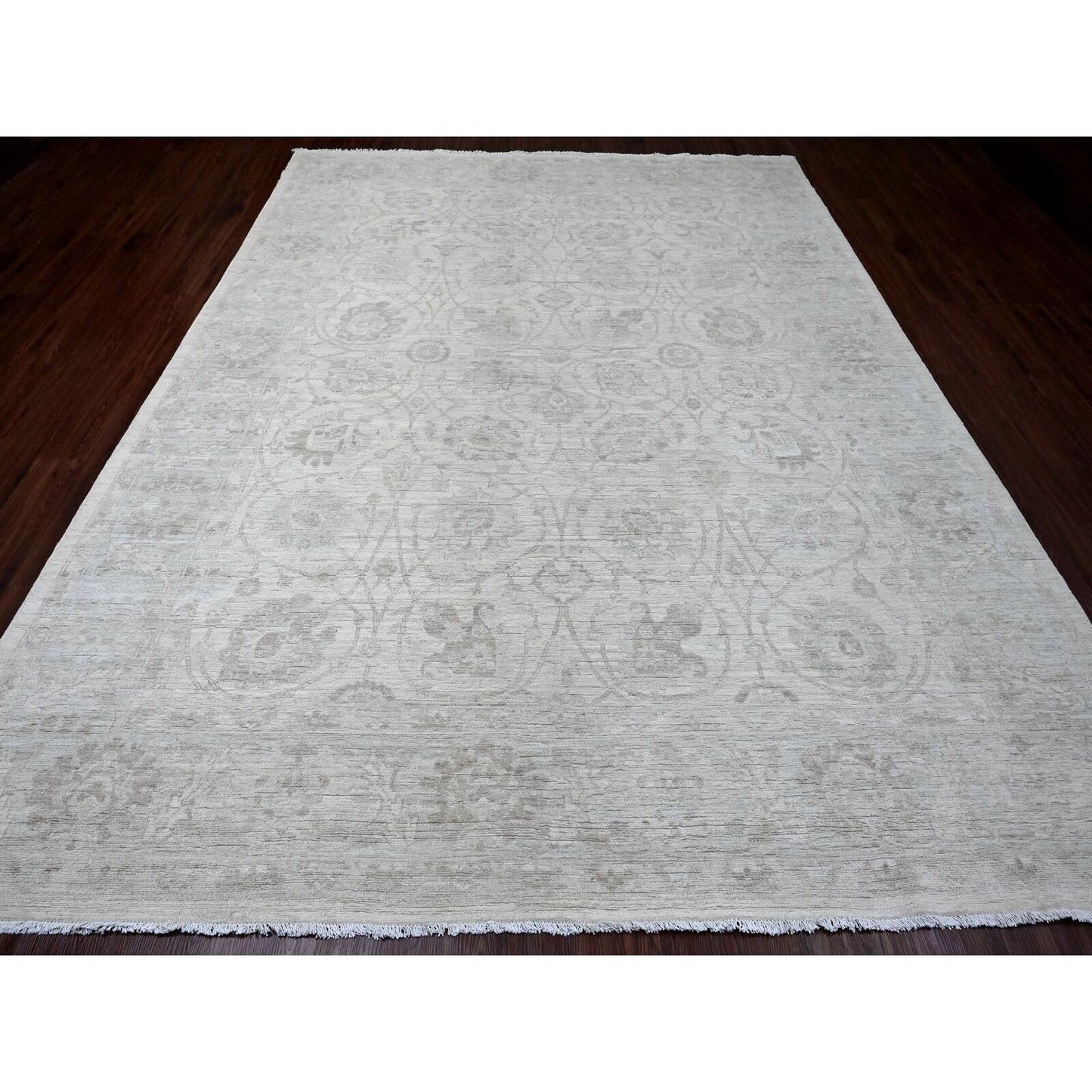 8'8"X11'5" White Hand Knotted Washed Out Peshawar Leaf Pattern Wool Rug