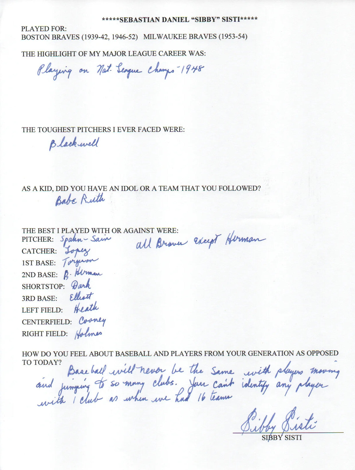 Sibby Sisti Autographed Hand Filled Out Survey