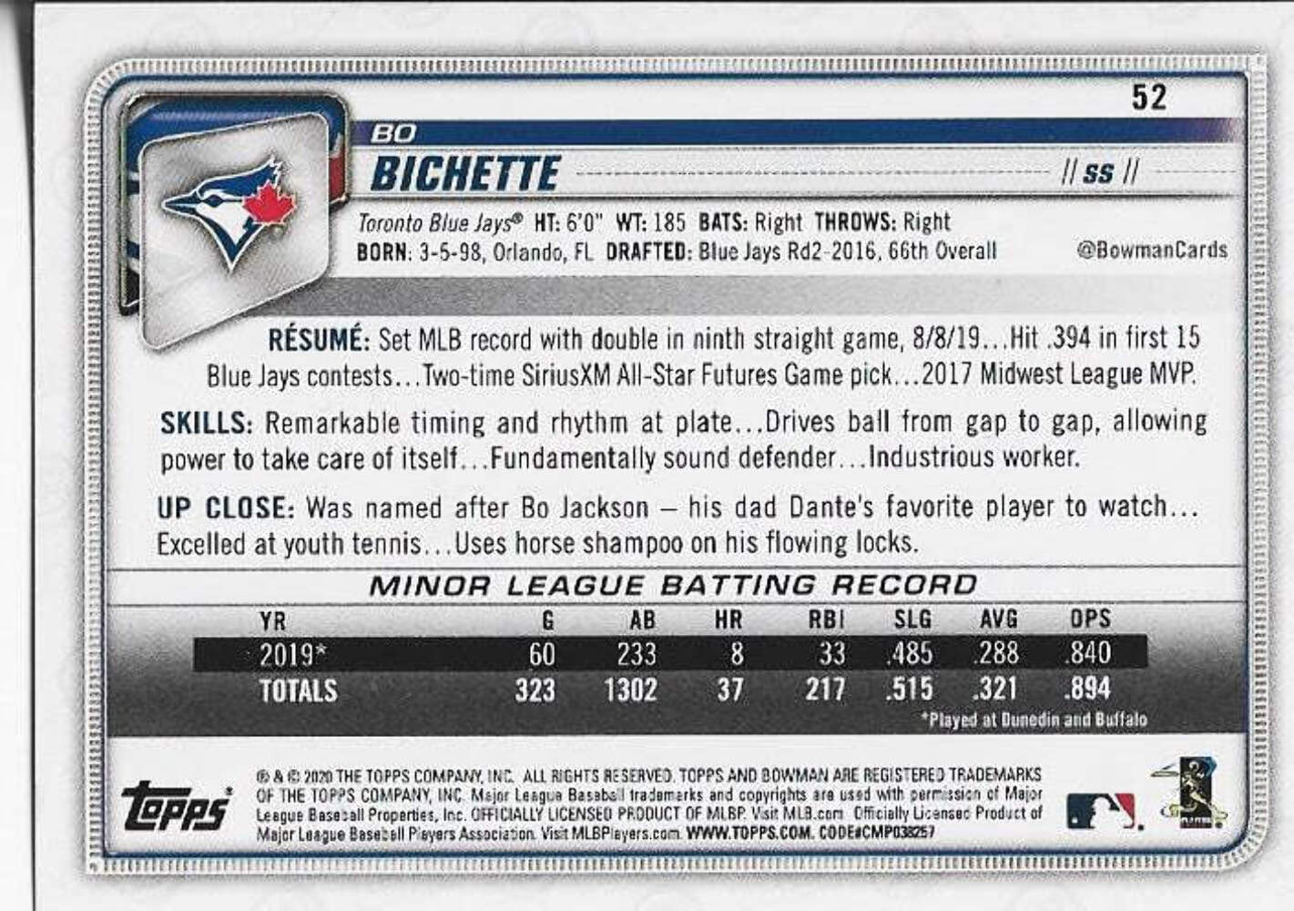 Bo Bichette 2020 Bowman Rookie Card #52