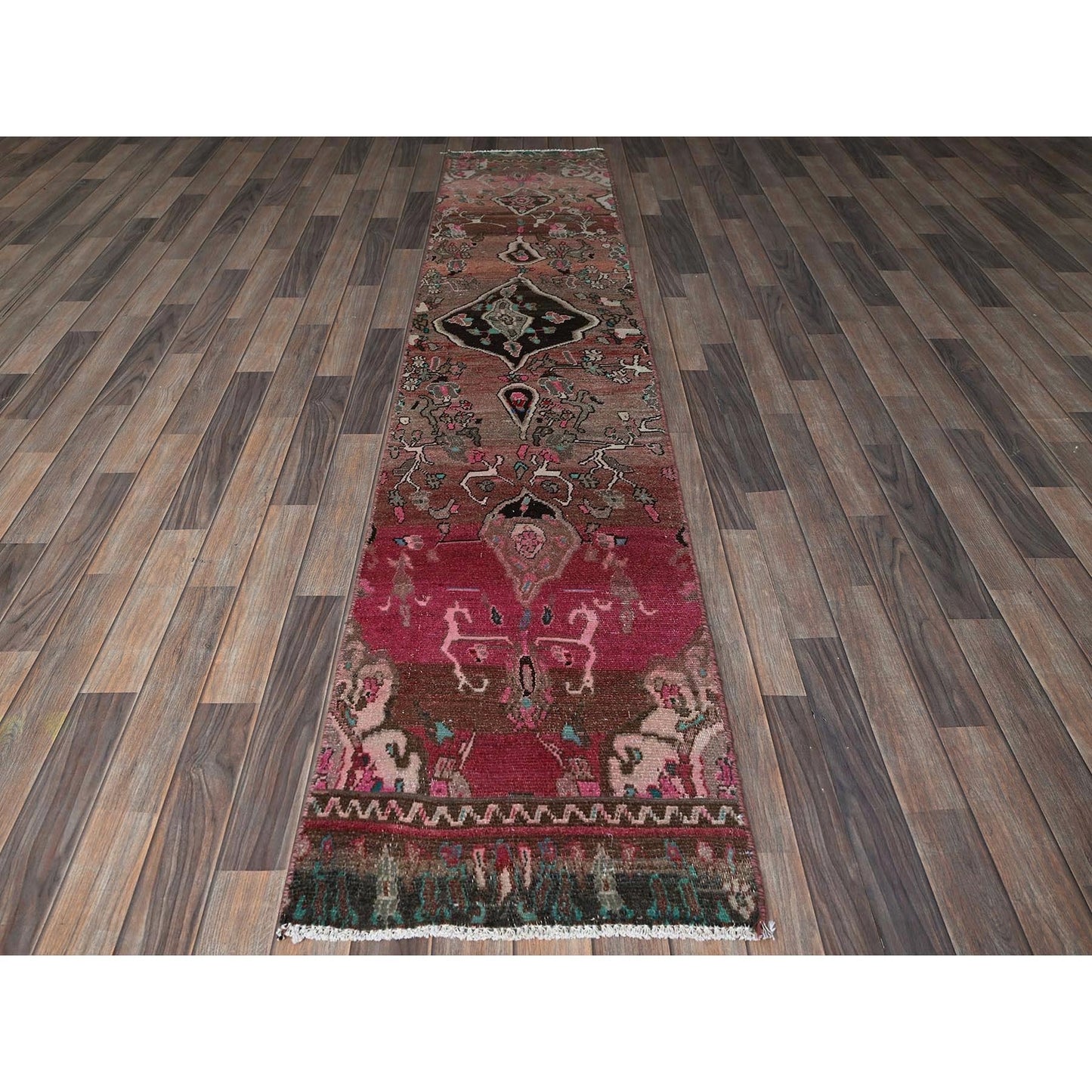 2'X9'7" Red Vintage Zoroastrian Khamadan Hand Knotted Pure Wool Runner Rug