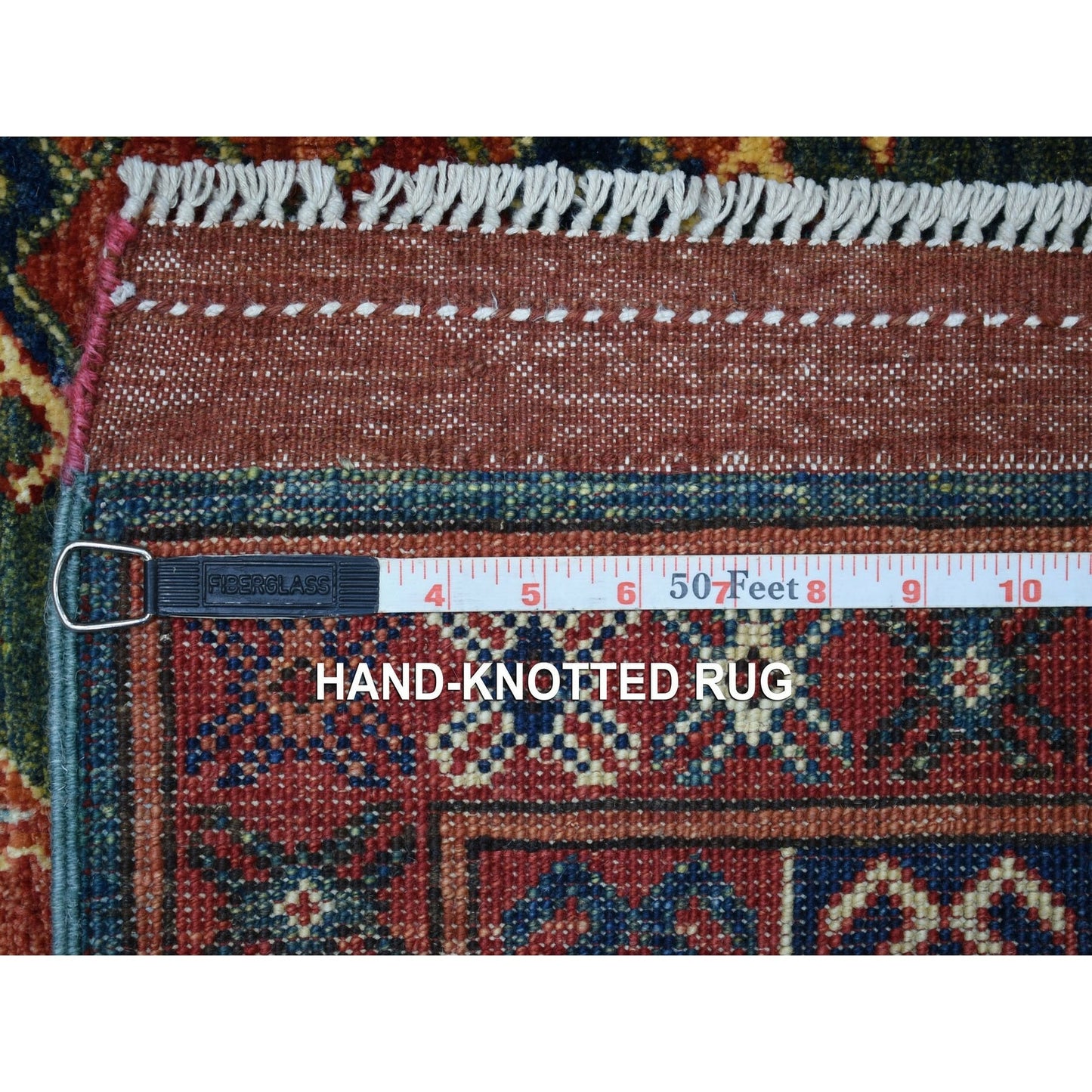 4'10"X12'9" Teal Afghan Ersari Geometric Design Hand Knotted Wool Rug