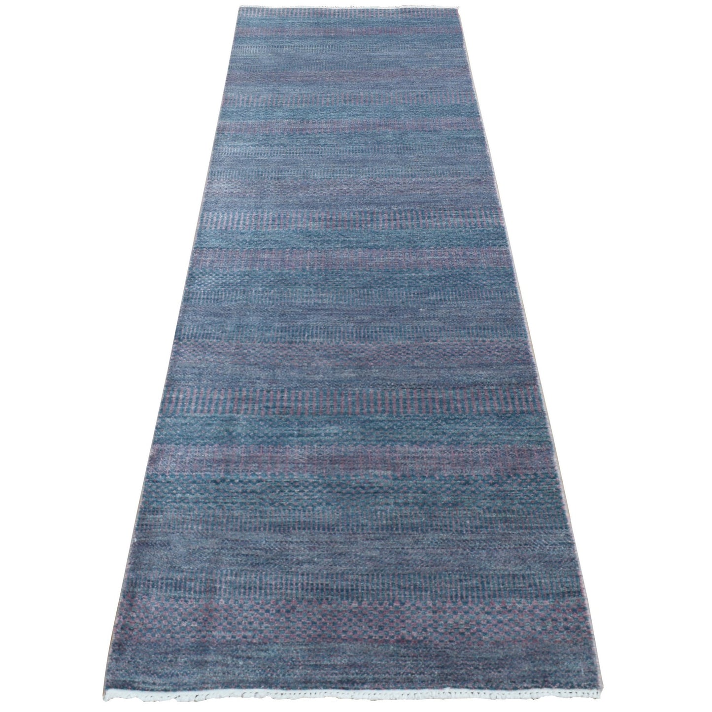 2'7"X8'10" Green Wool And Silk Grass Design Hand Knotted Runner Rug