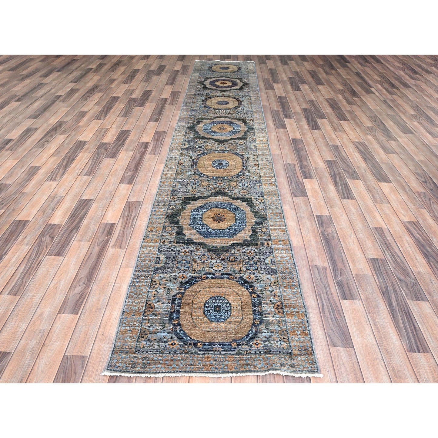 2'6"X13'9" Blue Mamluk Design Soft Wool Hand Knotted Runner Oriental Rug