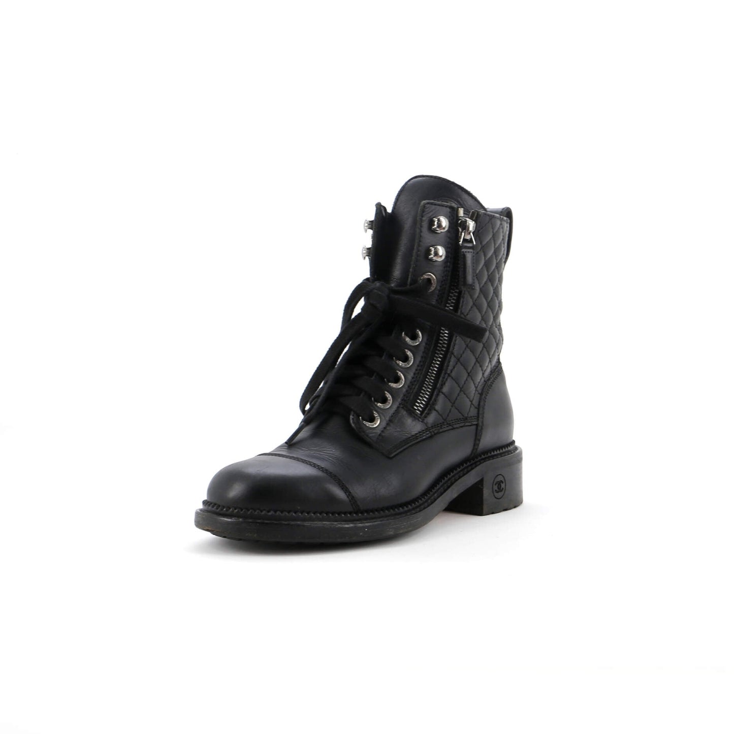Chanel Women'S Cc Zip Up Combat Boots Quilted Leather