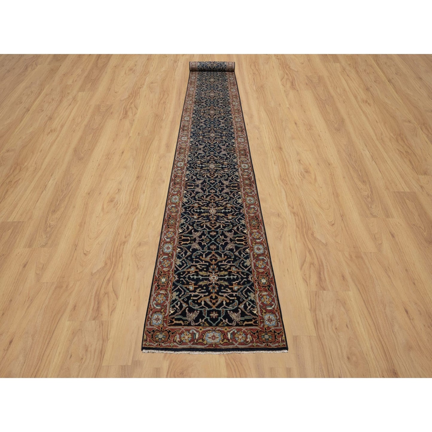 2'6"X22' Navy Antiqued Fine Heris Recreation Hand Knotted Wool Runner Rug