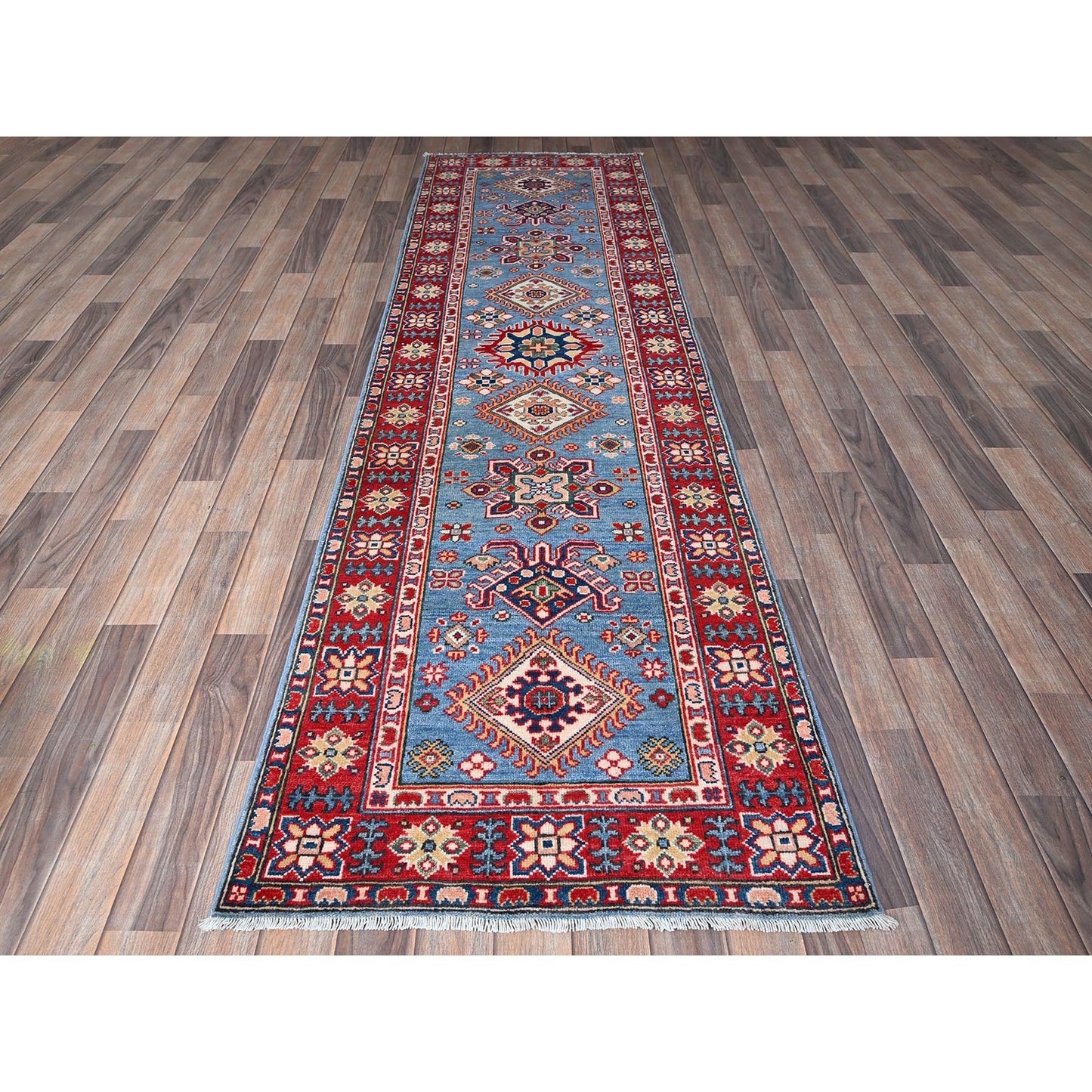 2'9"X9'6" Blue Kazak With Tribal Design Hand Knotted Soft Wool Runner Rug