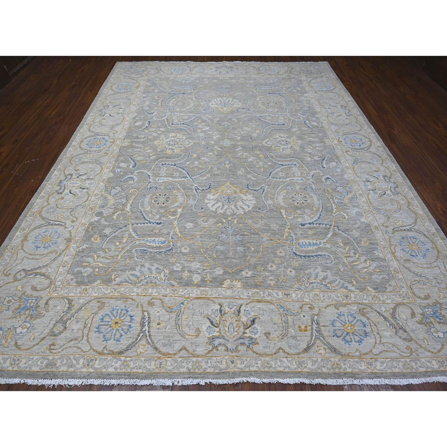 9'X11'7" Gray All Over Afghan Peshawar Design Hand Knotted Soft Wool Rug