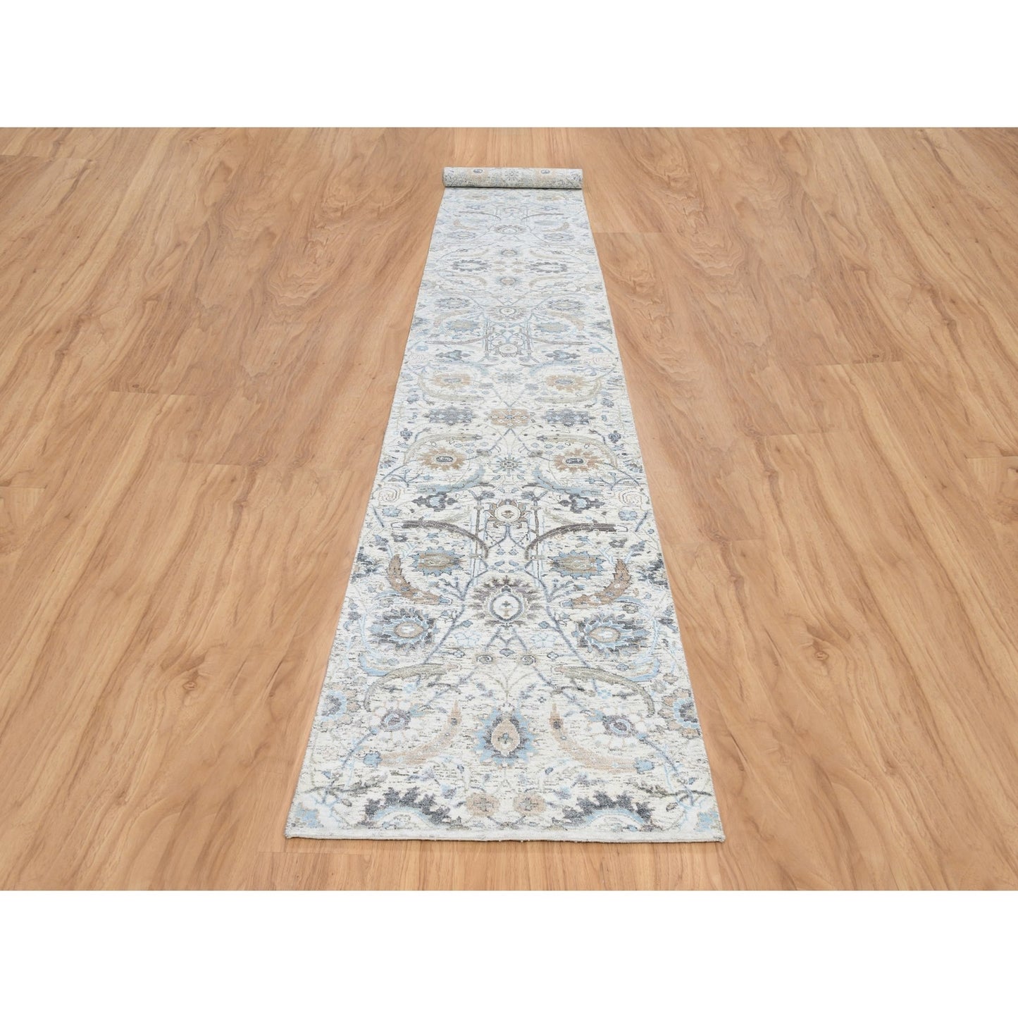 2'6"X18'1" Ivory Silk/Wool Hand Knotted Sickle Leaf Design Xl Runner Rug