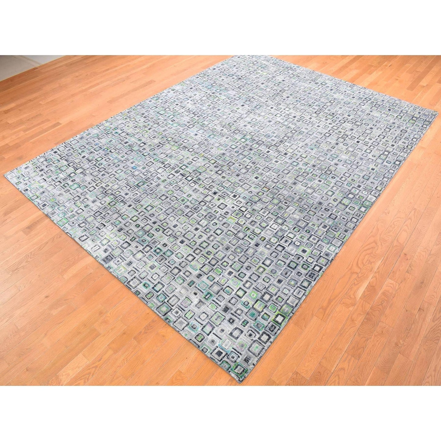 9'X12'3" Gray Silk With Wool Psefas Square Design Hand Knotted Rug