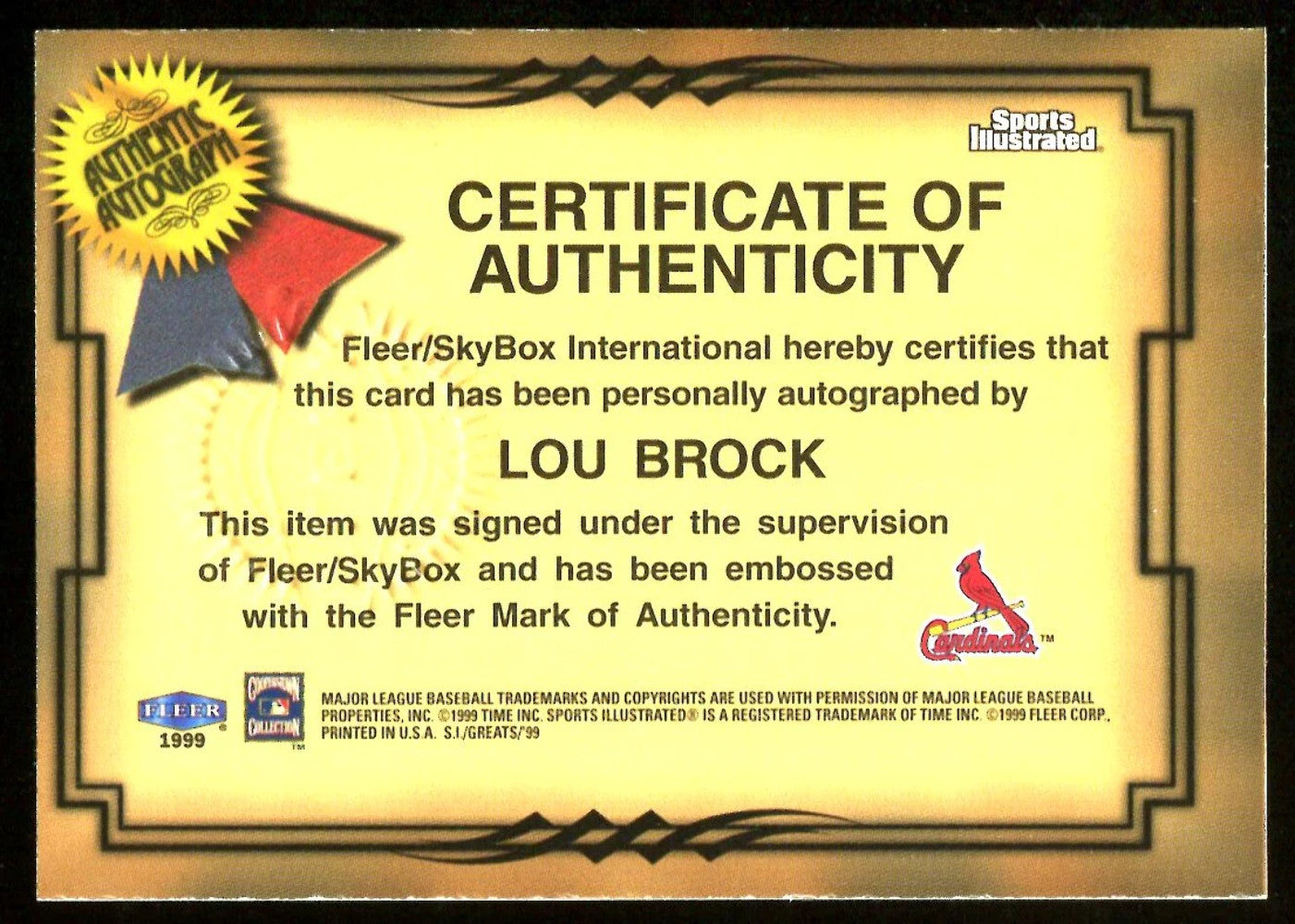 Lou Brock 1999 Fleer Sports Illustrated Autograph Collection Card