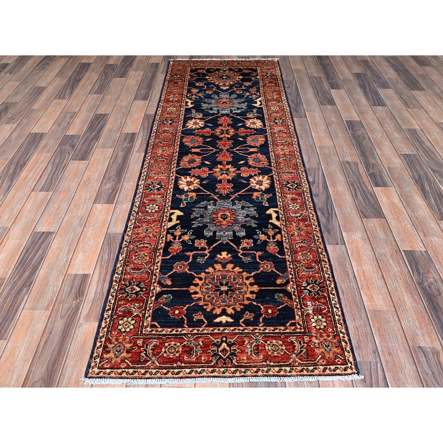 2'6"X7'9" Yale Blue Heris All Over Design Hand Knotted All Wool Runner Rug