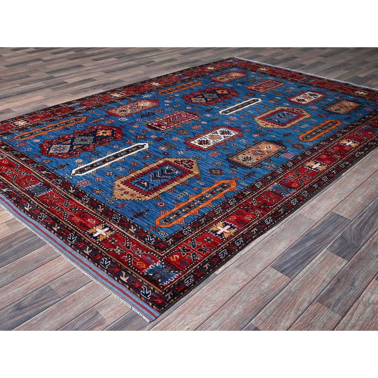 6'3"X9'1" Blue Afghan Caucasian Design Revival Hand Knotted Soft Wool Rug
