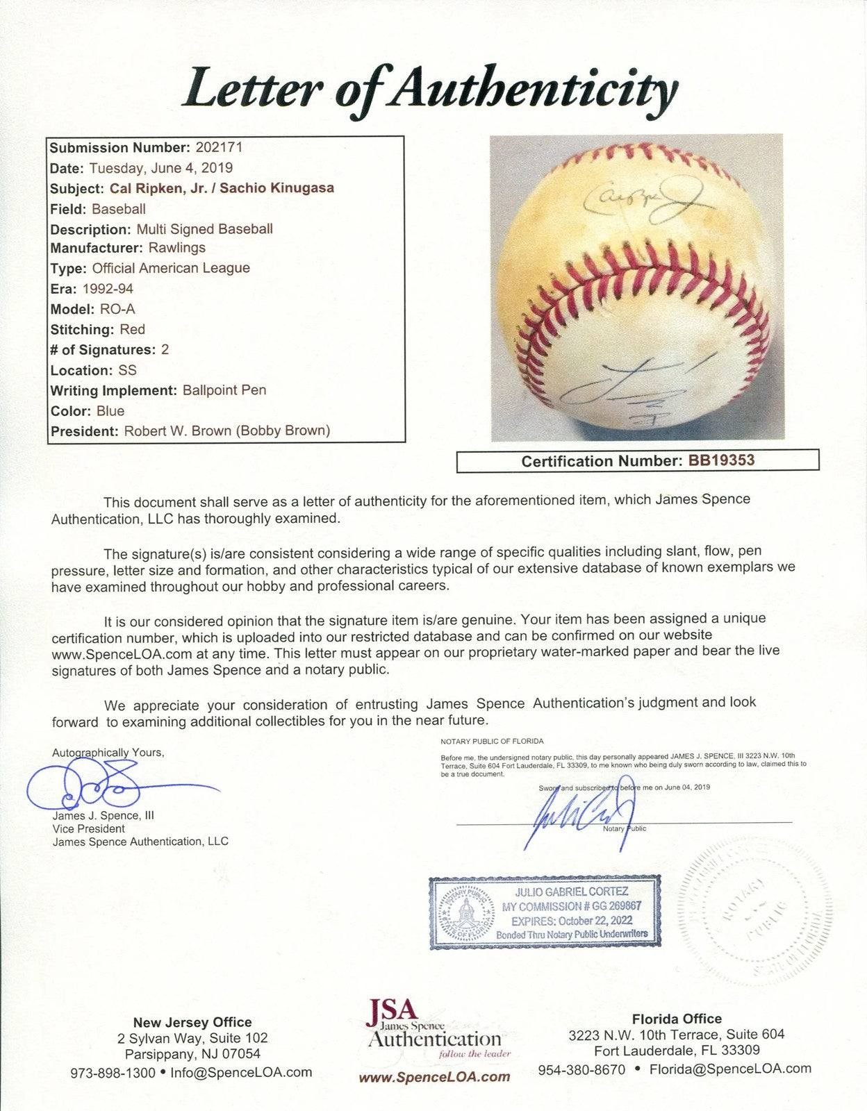 Cal Ripken Jr. & Sachio Kinugasa Signed American League Baseball (Jsa)