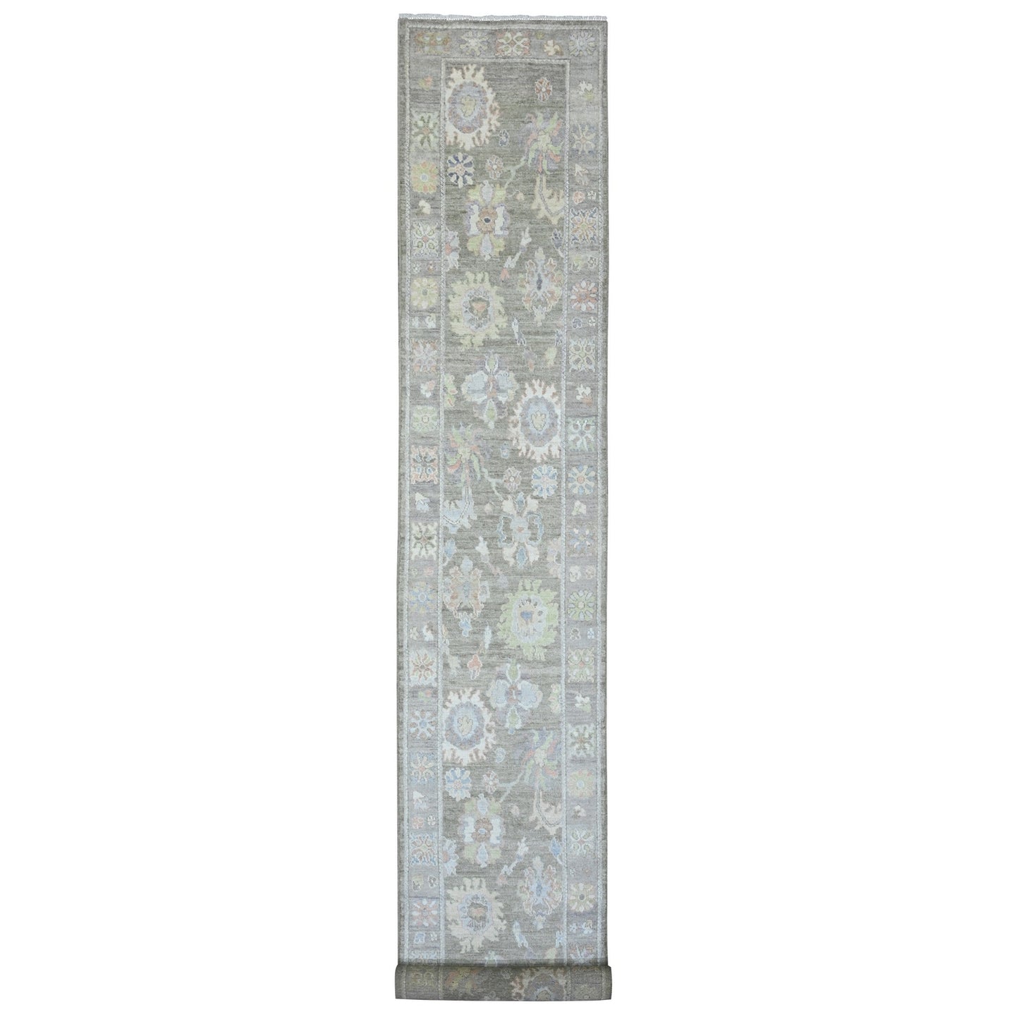 3'X19'10" Green Hand Knotted Angora Oushak Leaf Design Wool Runner Rug