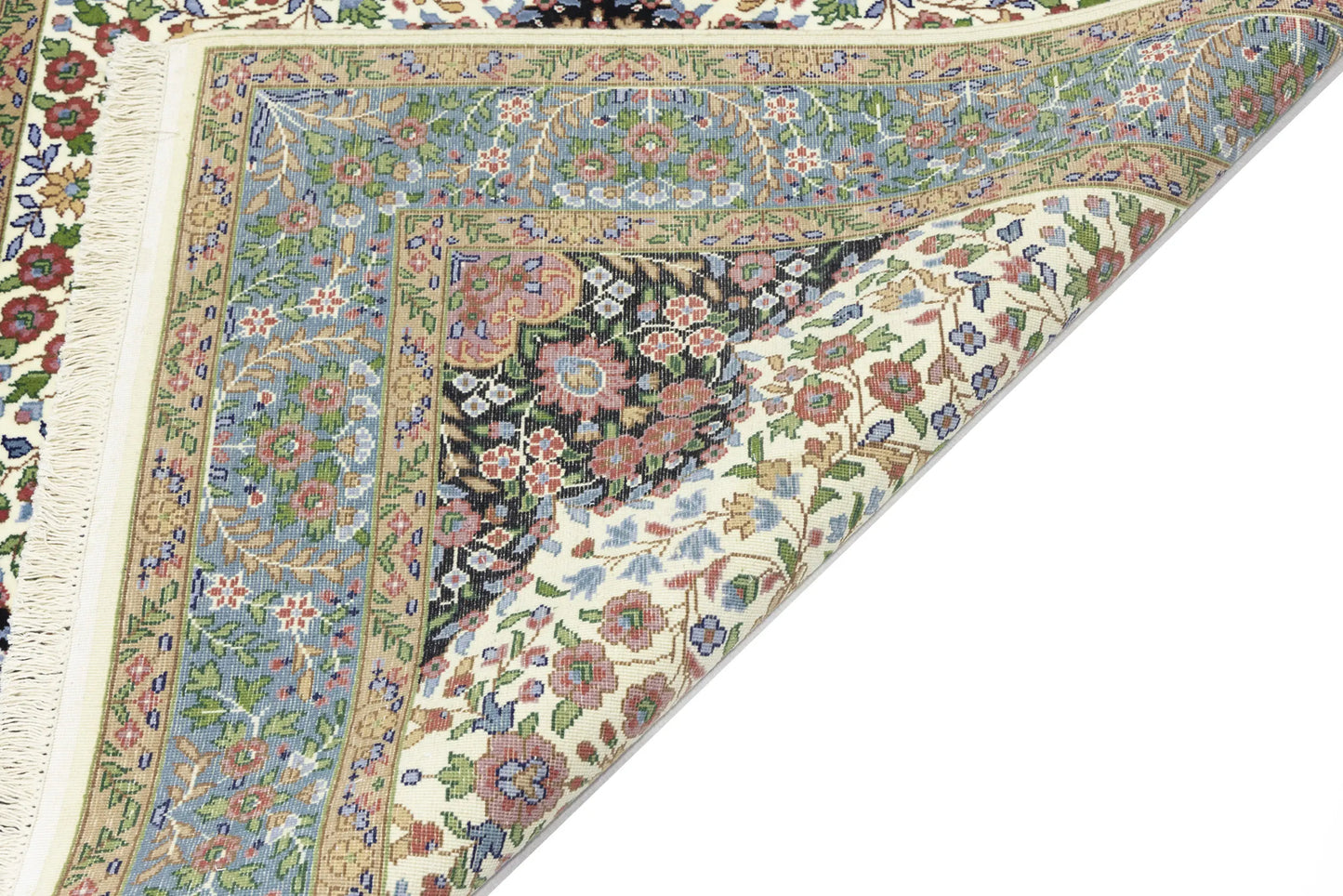 Handmade Kirman Oriental Rug Cream & Blue Floral