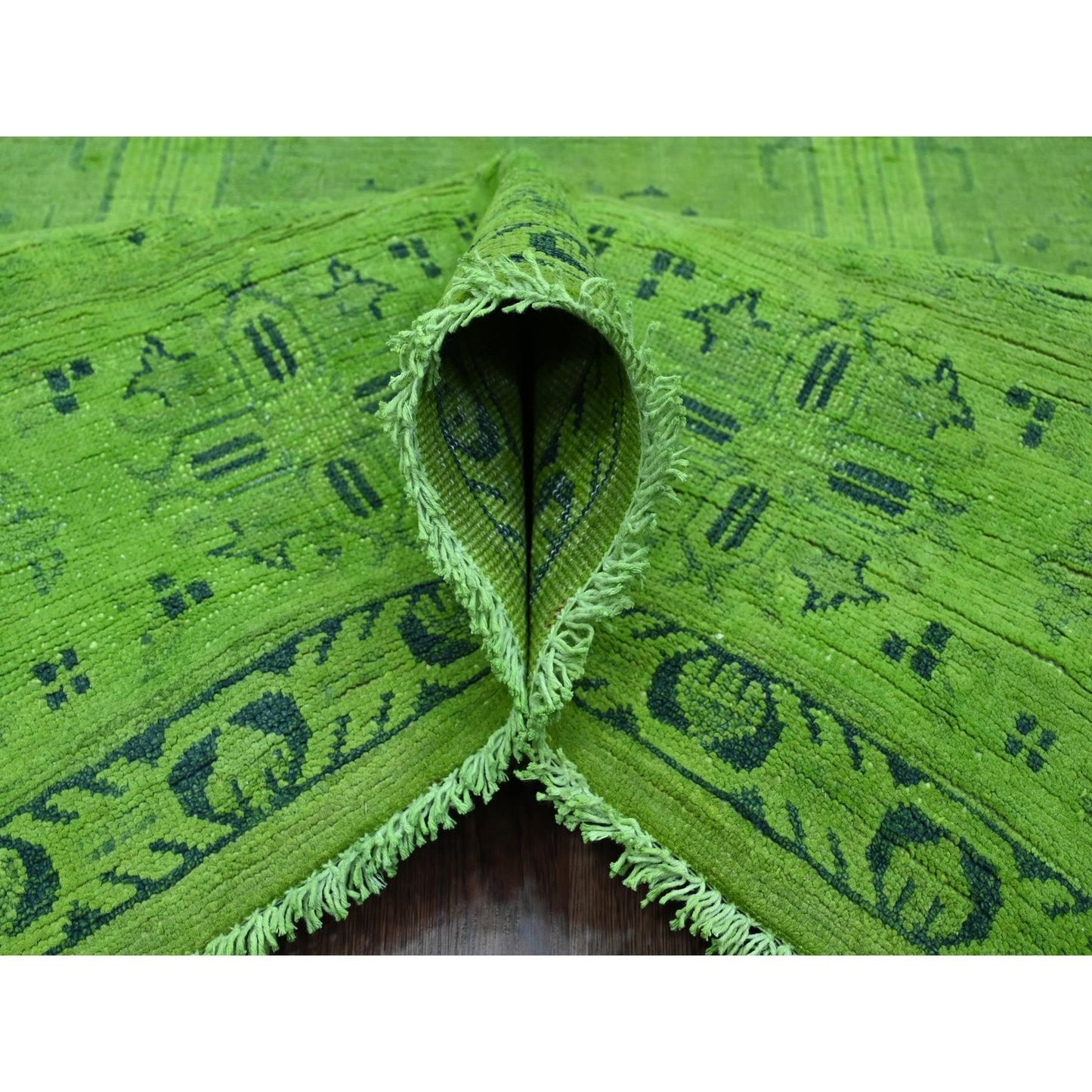 8'X9'6" Green Overdyed Kazak Geometric Pattern Hand Knotted 100% Wool Rug