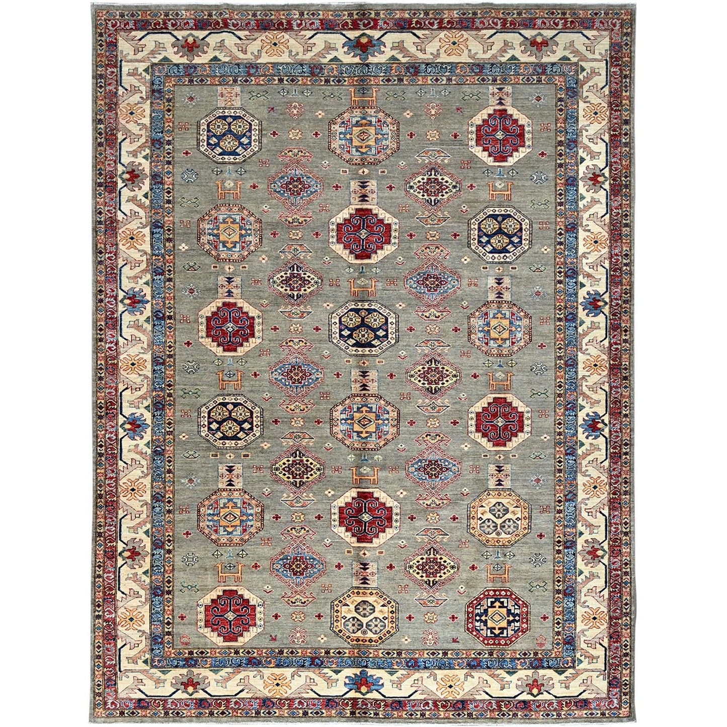 8'10"X11'9" Wrought Iron Gray Soft Pure Wool Hand Knotted Super Kazak Rug