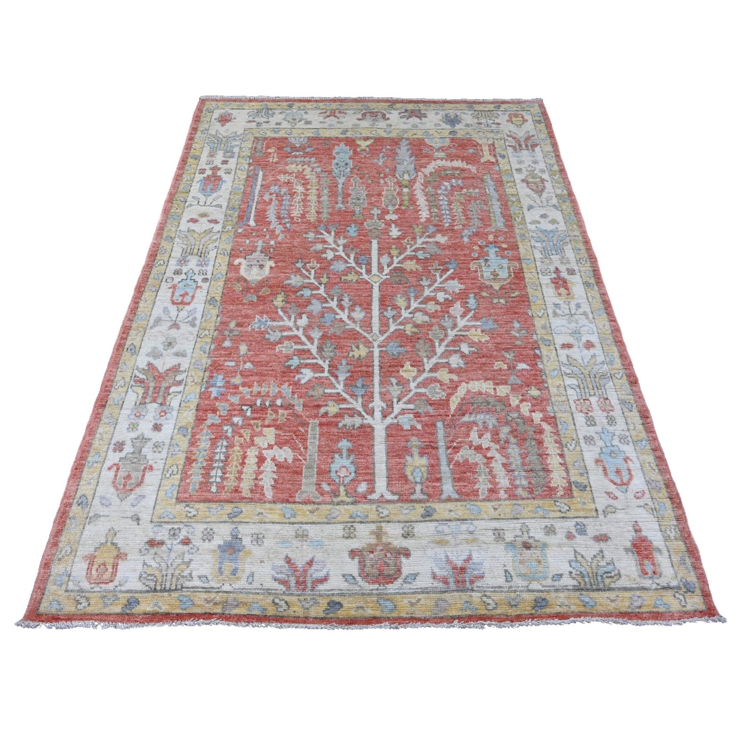 5'X6'10" Red Hand Knotted Afghan Angora Oushak Tree Design 100% Wool Rug