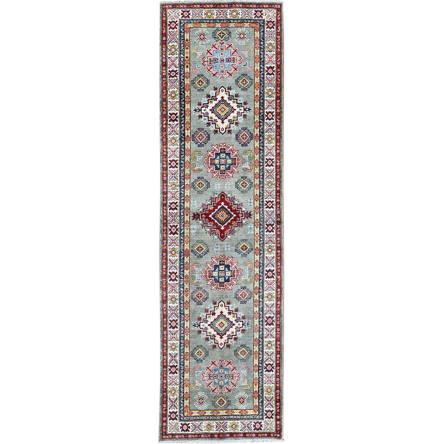 2'7"X9'3" Green Kazak With Geometric Design Wool Hand Knotted Runner Rug