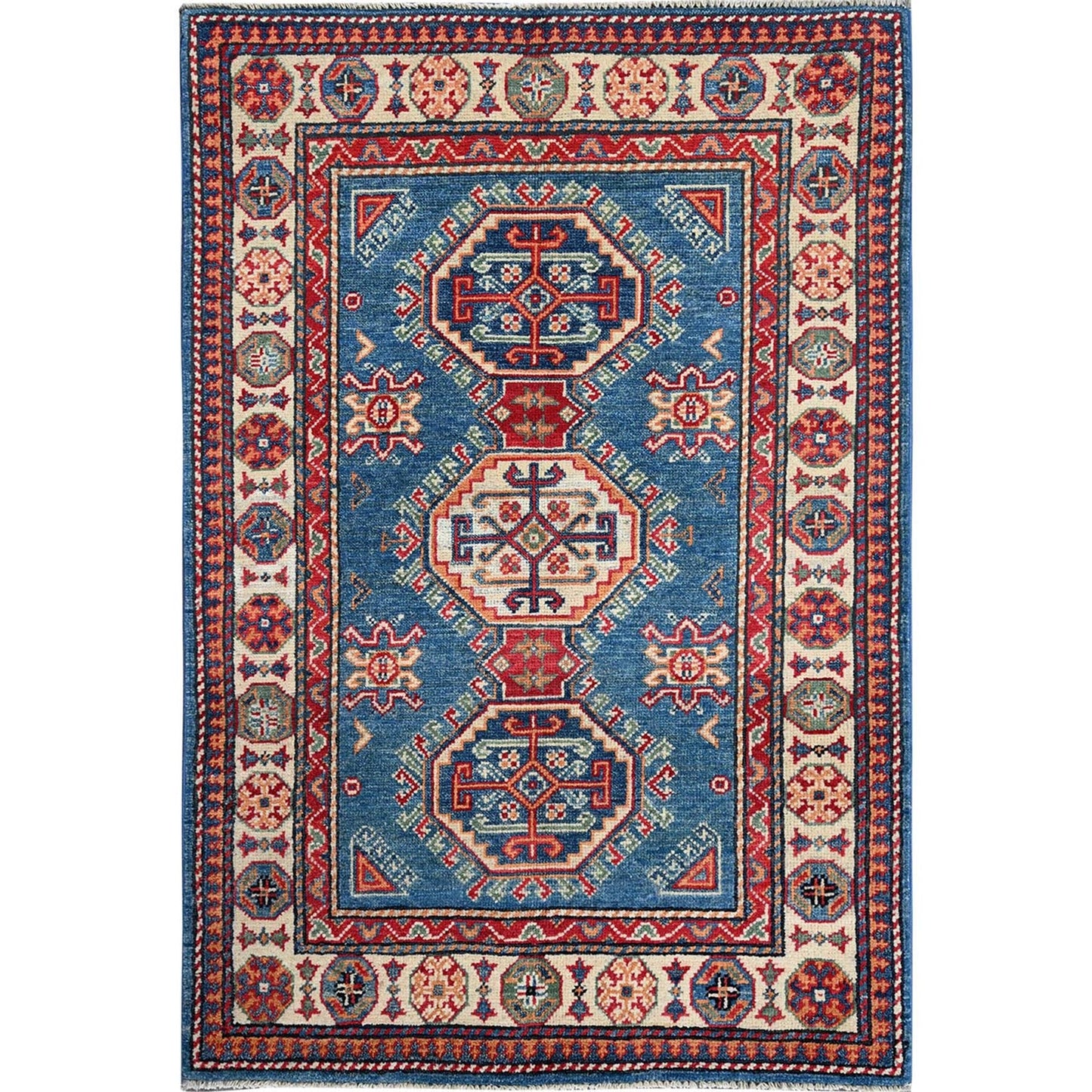 2'8"X4' Blue Kazak With Tribal Design Hand Knotted Soft Wool Sample Rug
