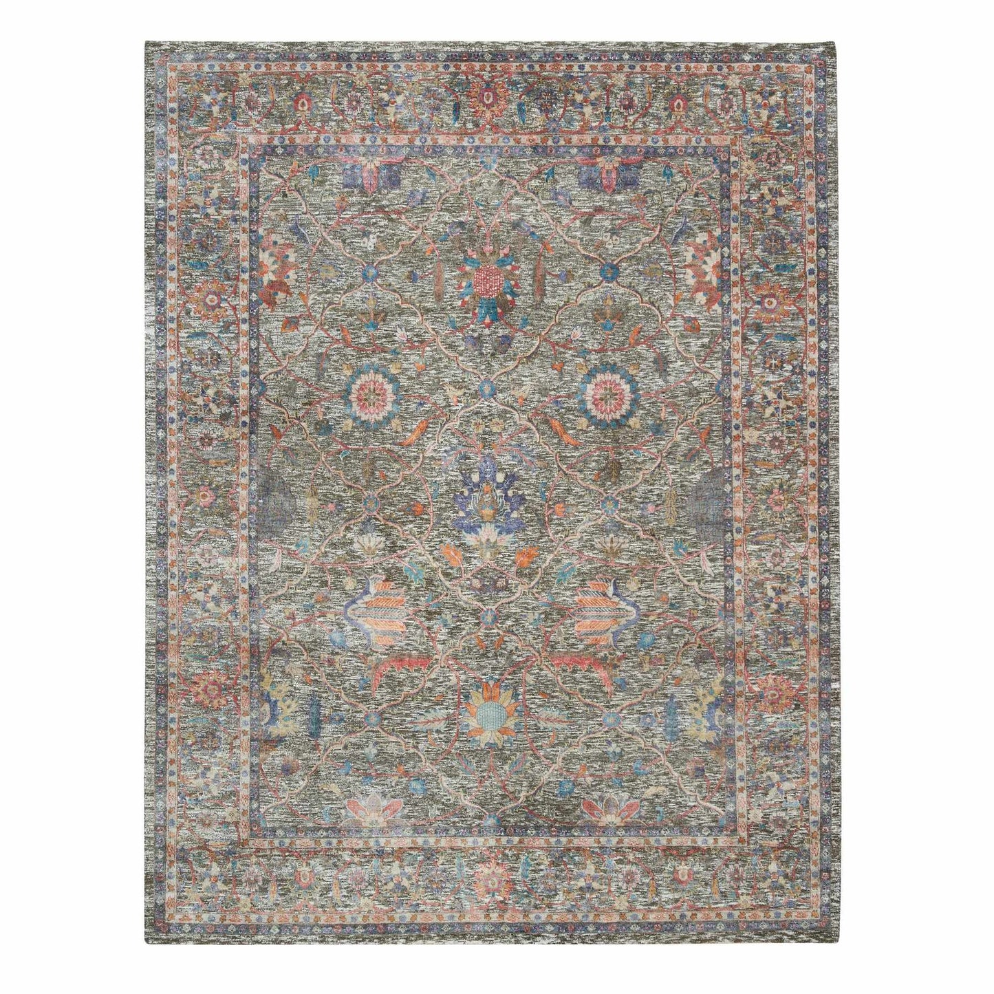 8'X10'1" Taupe Hand Knotted Striae Pattern Silk Textured Wool Rug
