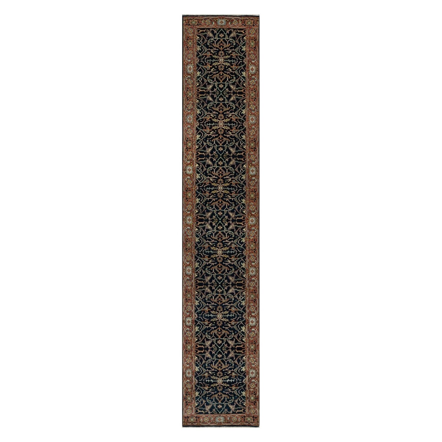 2'6"X14'1" Blue Hand Knotted Antiqued Fine Heris Soft Wool Xl Runner Rug
