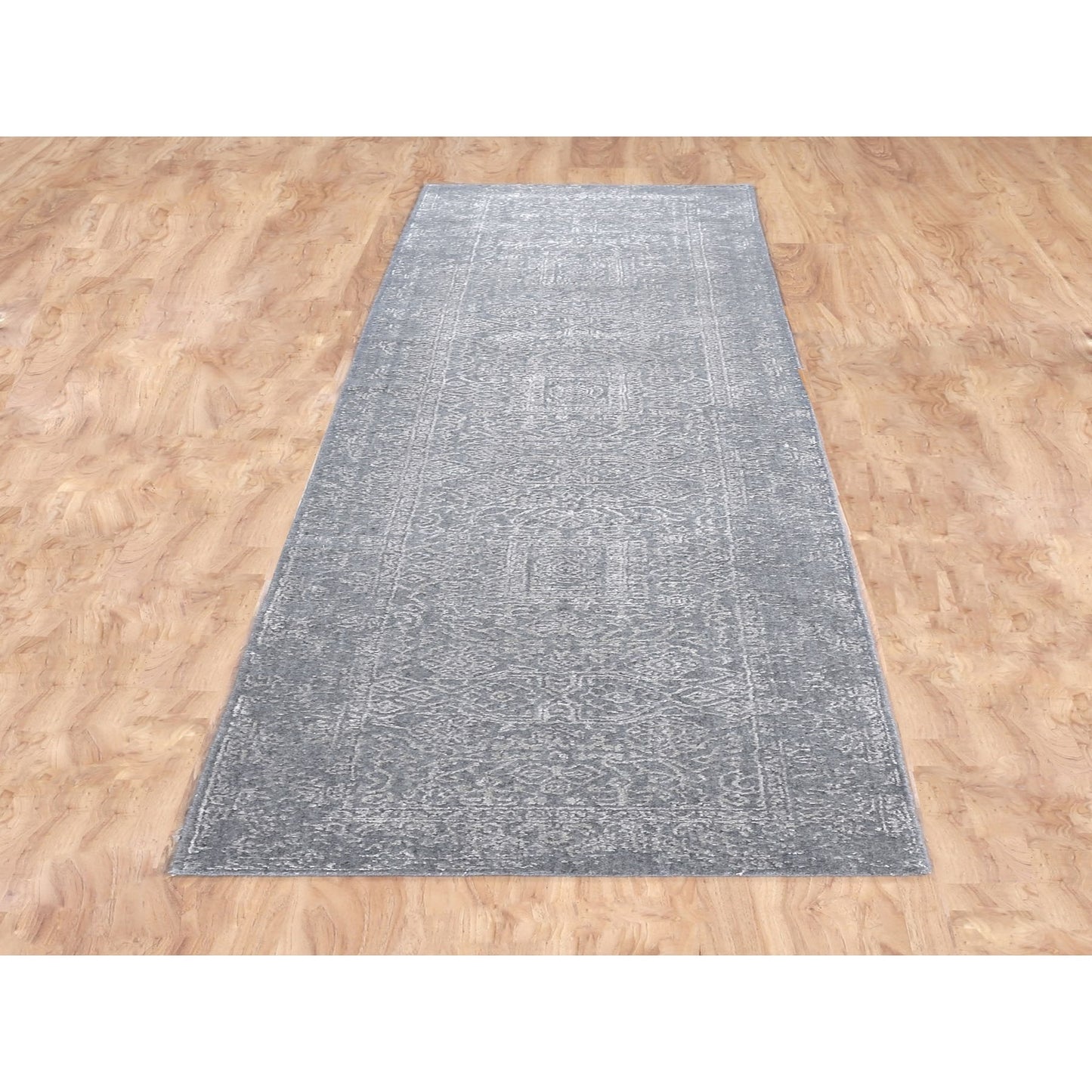 2'5"X12'2" Gray Fine Jacquard Hand Loomed Runner Wool And Art Silk Rug