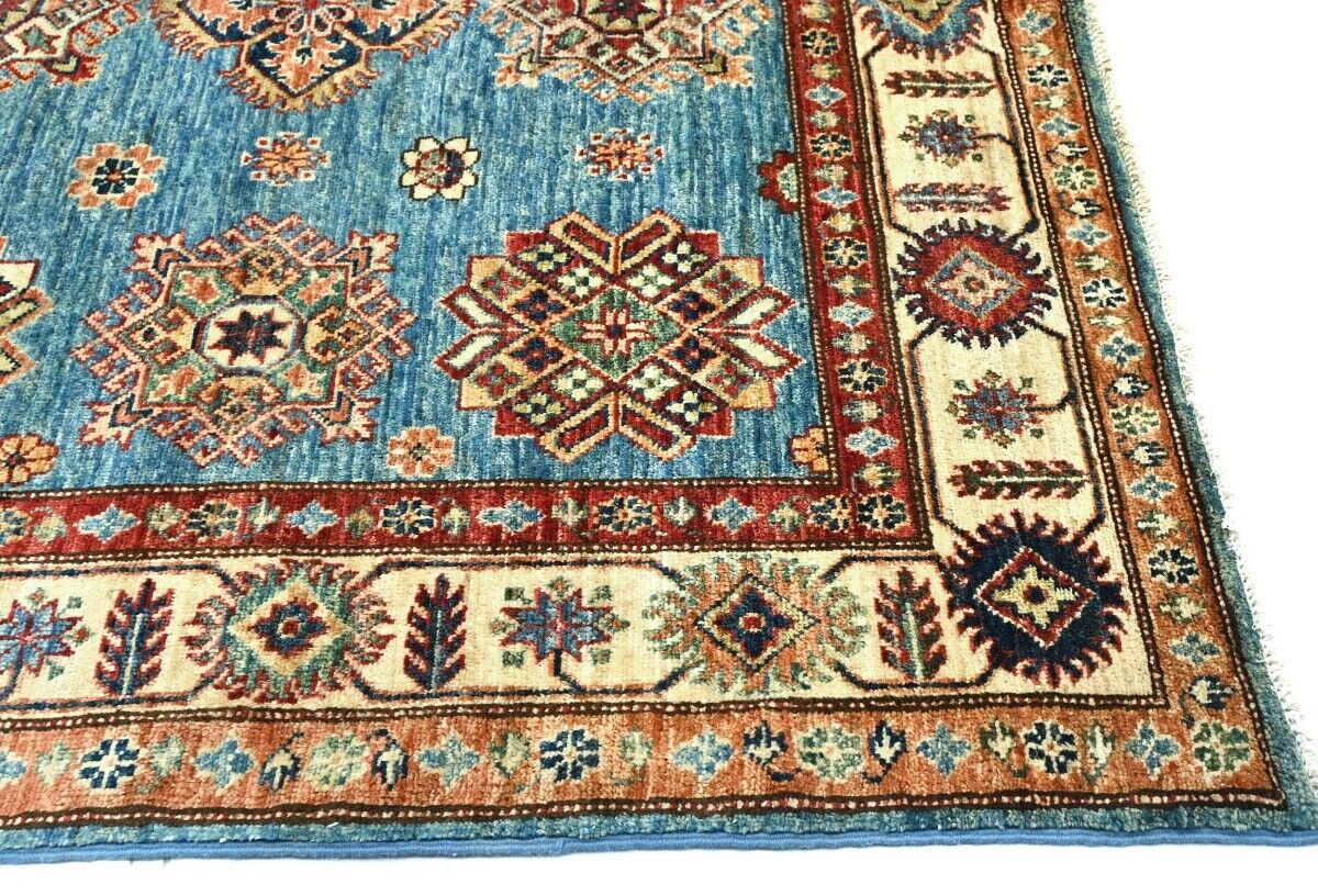 Tribal Geometric Kazak Area Rug Blue Farmho Boho