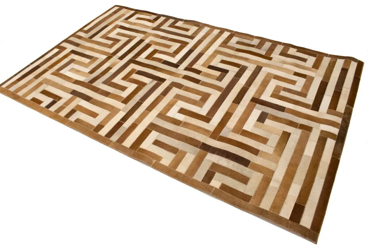 Handcrafted Brown Beige Cowhide Leather Rug