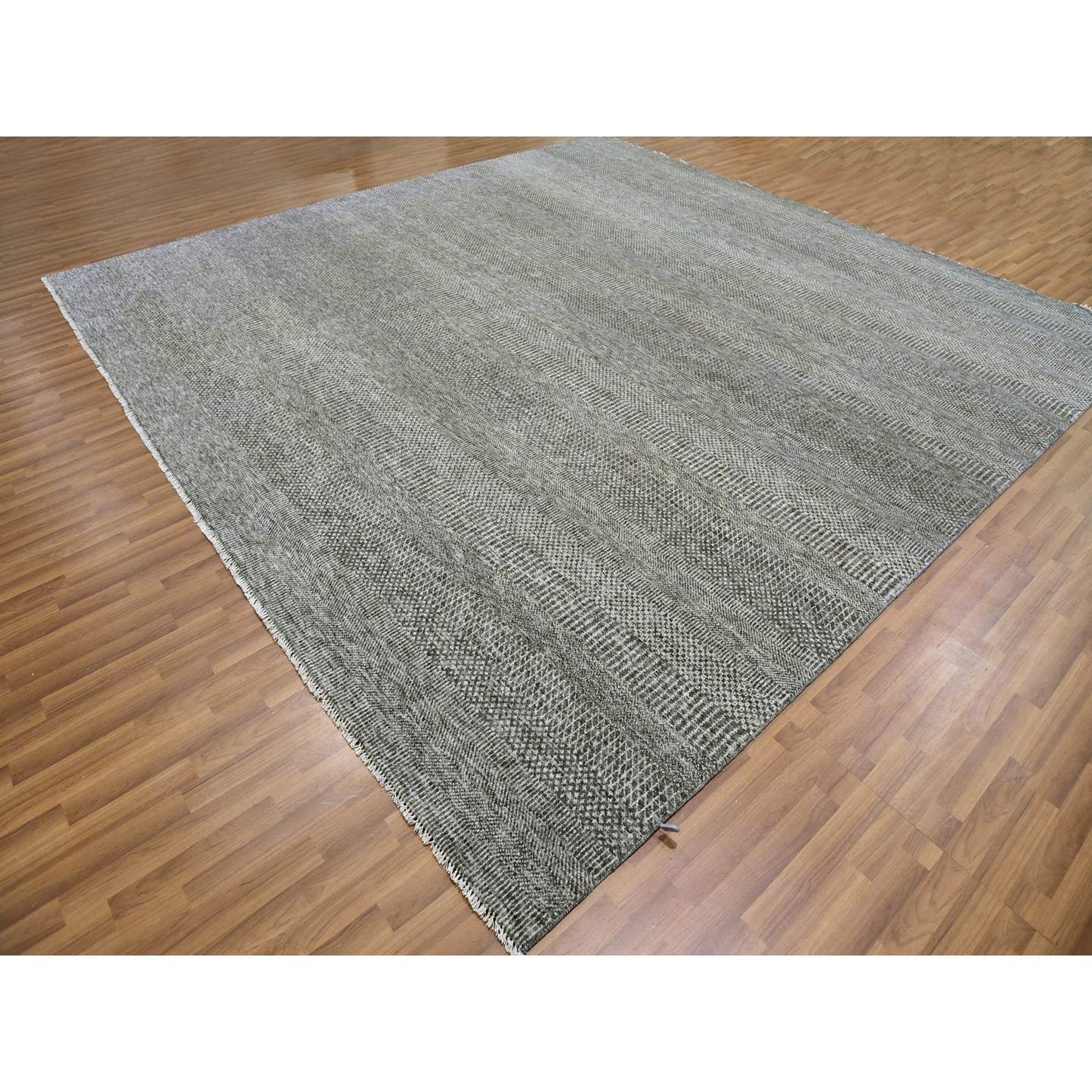 12'X12'2" Neutral Gray Hand Knotted Grass Design Undyed Wool Square Rug