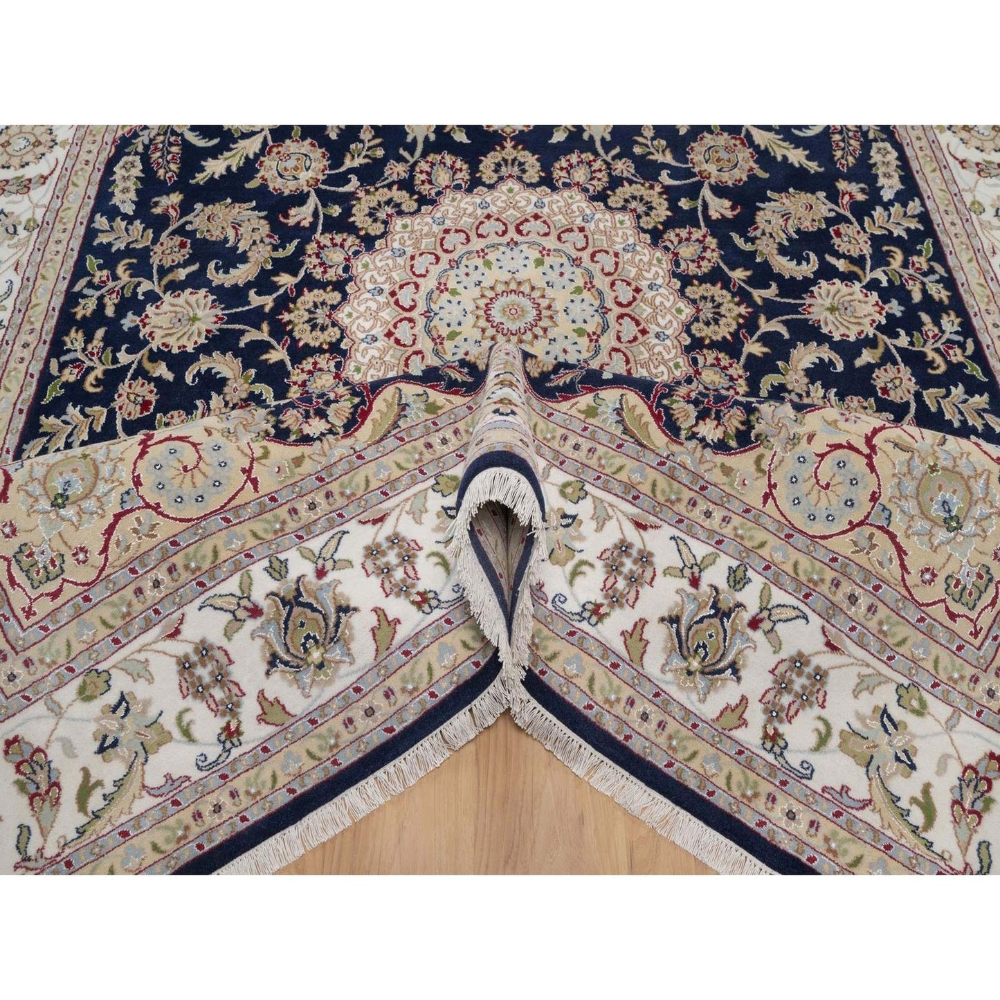 7'10"X10'3" Navy Nain Medallion Design Wool And Silk Hand Knotted Rug