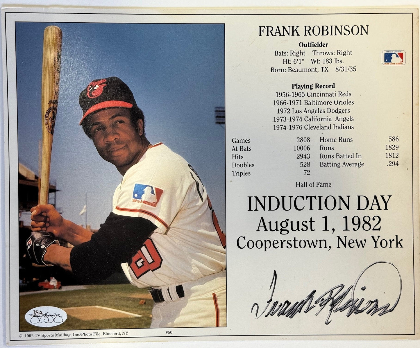 Frank Robinson Autographed Induction 8X10 Photocards (Jsa)