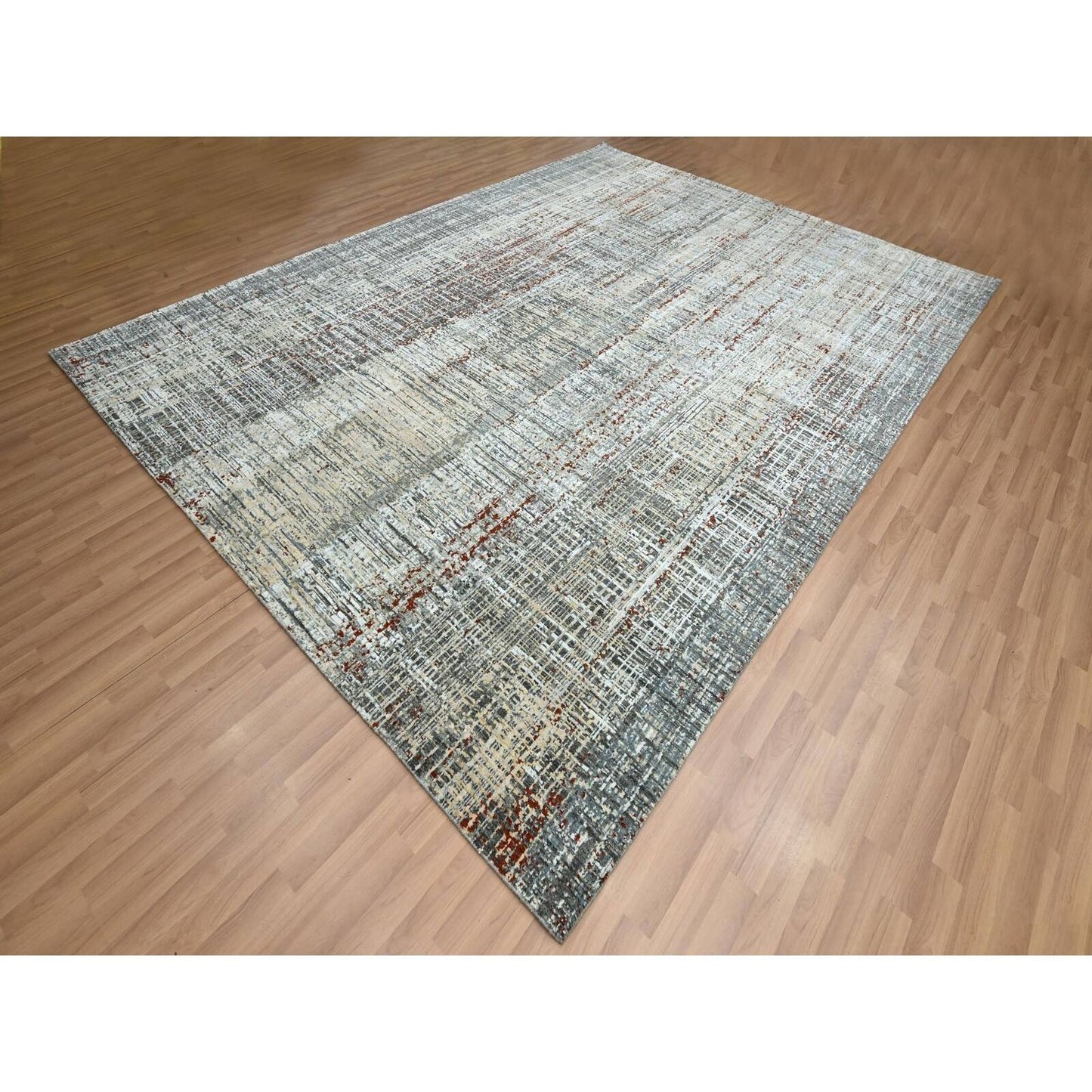 9'X12'3" Anchor Gray With Beige Abstract Design All Wool Hand Knotted Rug