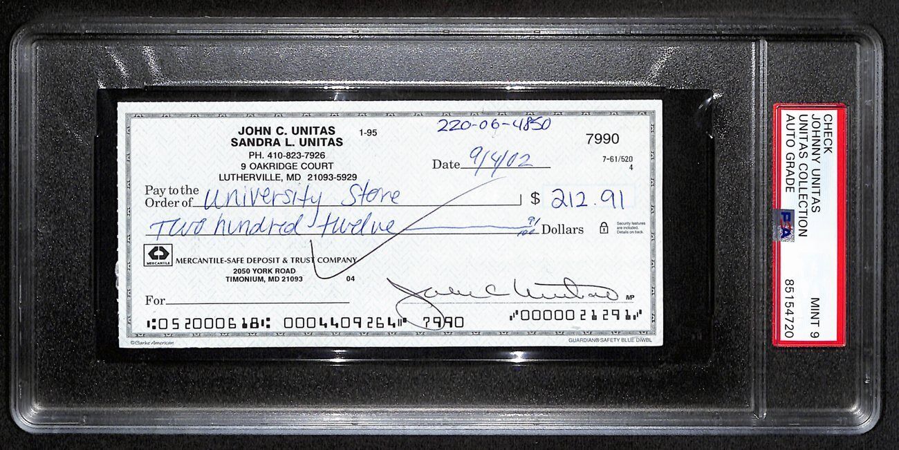 Johnny Unitas Signed 9/ 4/02 Check Psa/Dna Mint 9