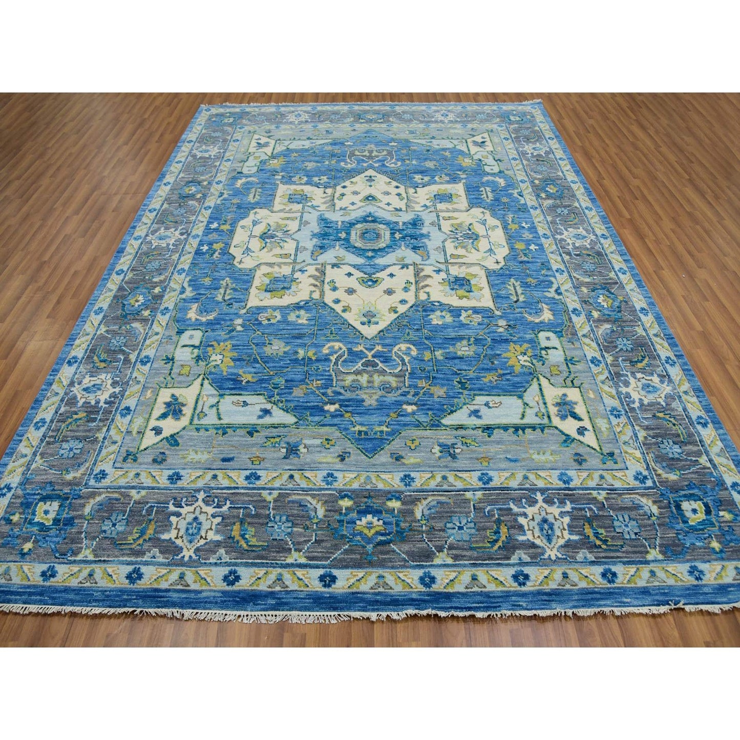 9'2"X12' Blue Soft To The Touch Seeripe Heris 100% Wool Hand Knotted Rug