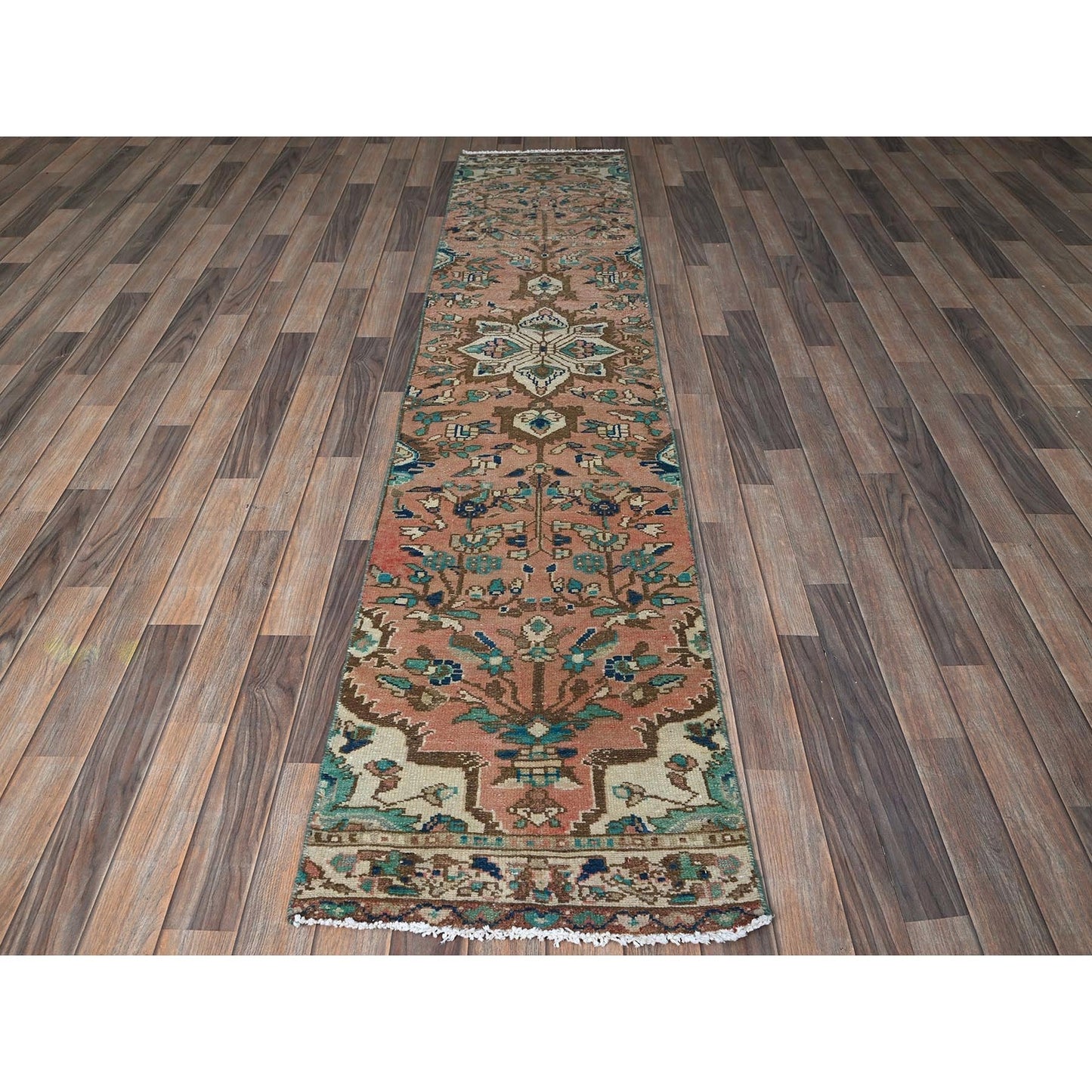 2'X9' Salmon Pink Vintage Zoroastrian Heris Hand Knotted Wool Runner Rug