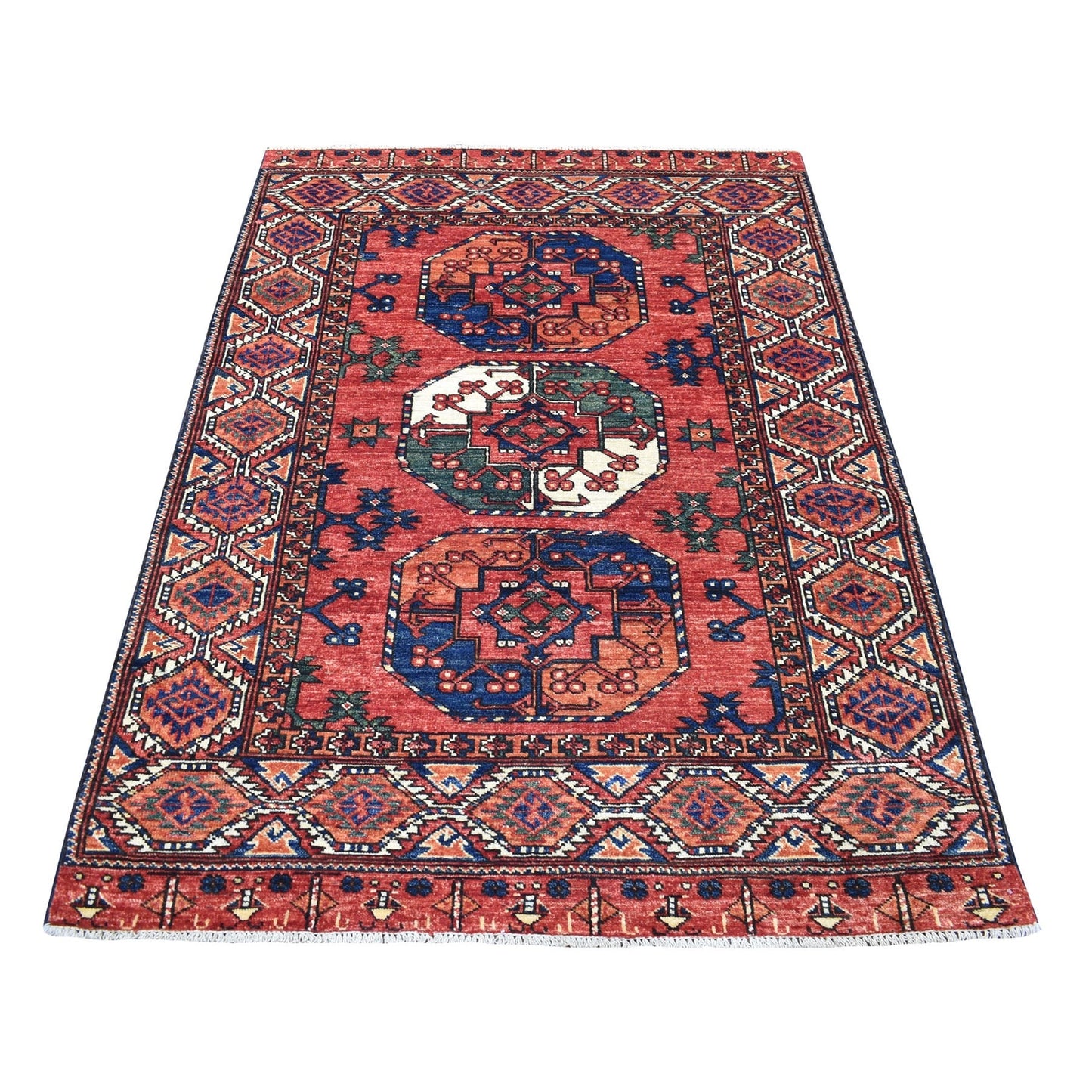 4'X5'8" Red Afghan Ersari With Elephant Feet Organic Wool Handknotted Rug
