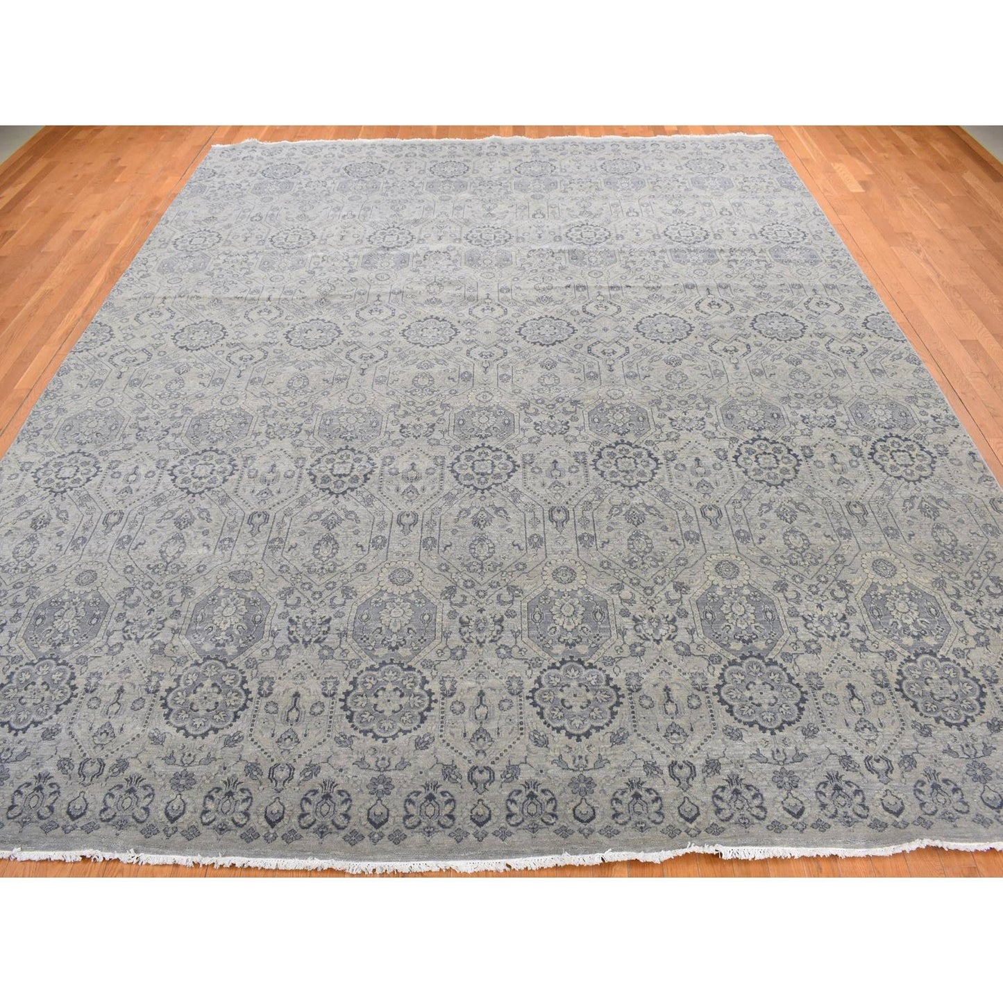 11'10"X14'9" Gray Jewellery Design Pure Wool Hand Knotted Oversized Rug