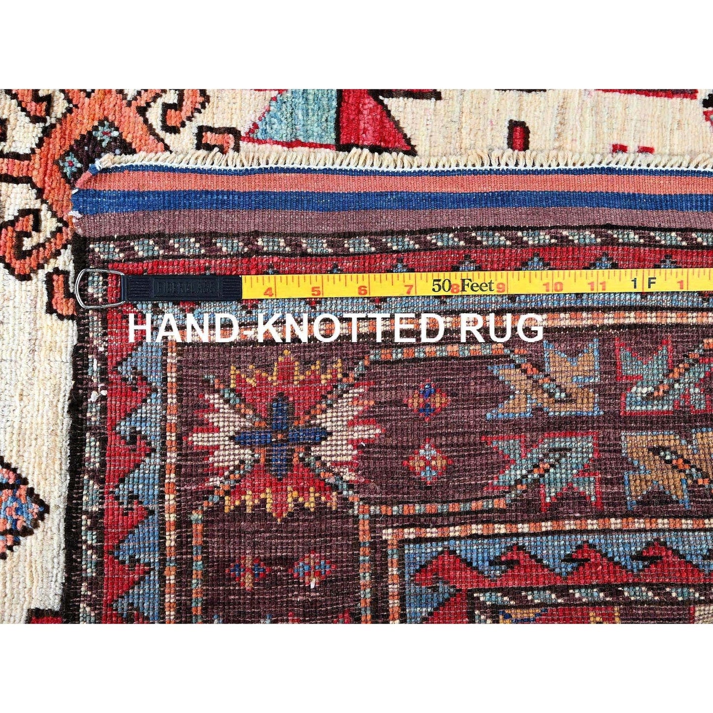 5'2"X6'8" Ivory Afghan Caucasian Design Revival Hand Knotted Soft Wool Rug
