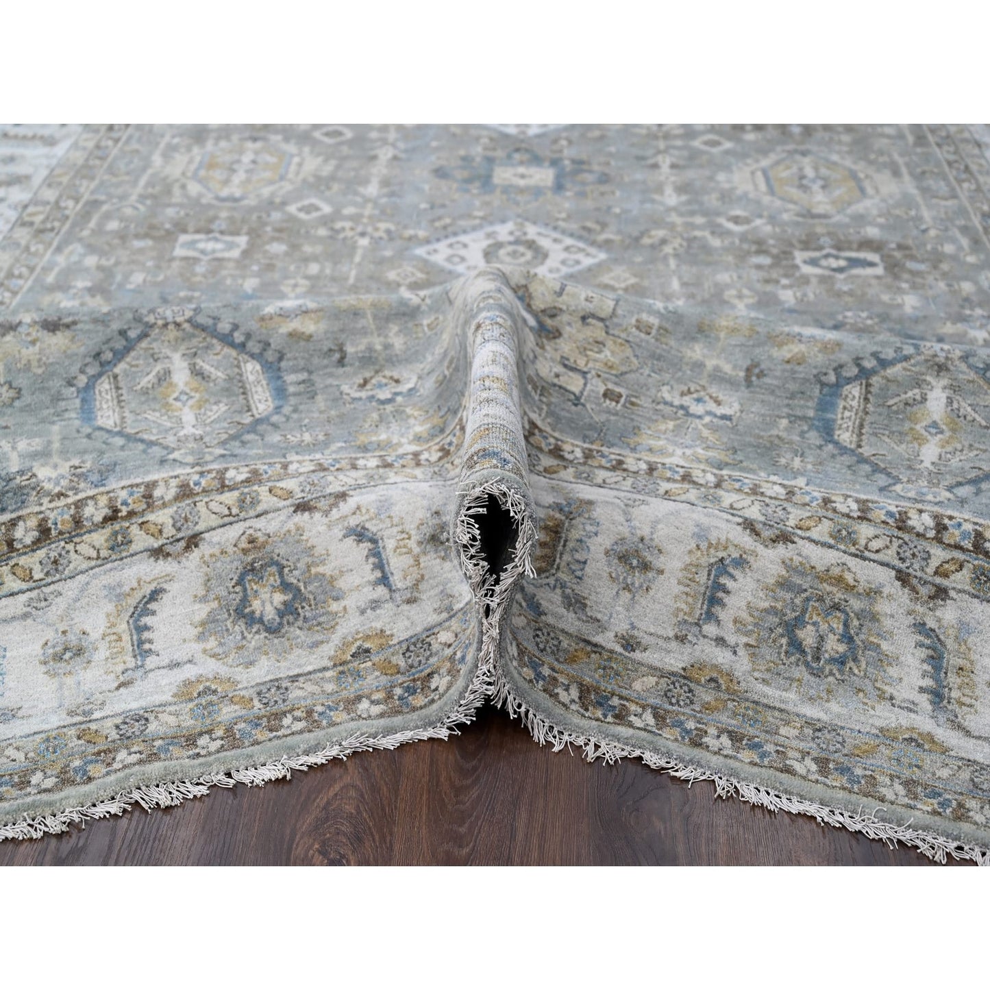 8'2"X16'3" Gray And Ivory Hand Knotted Karjihooz Design Wool Rug