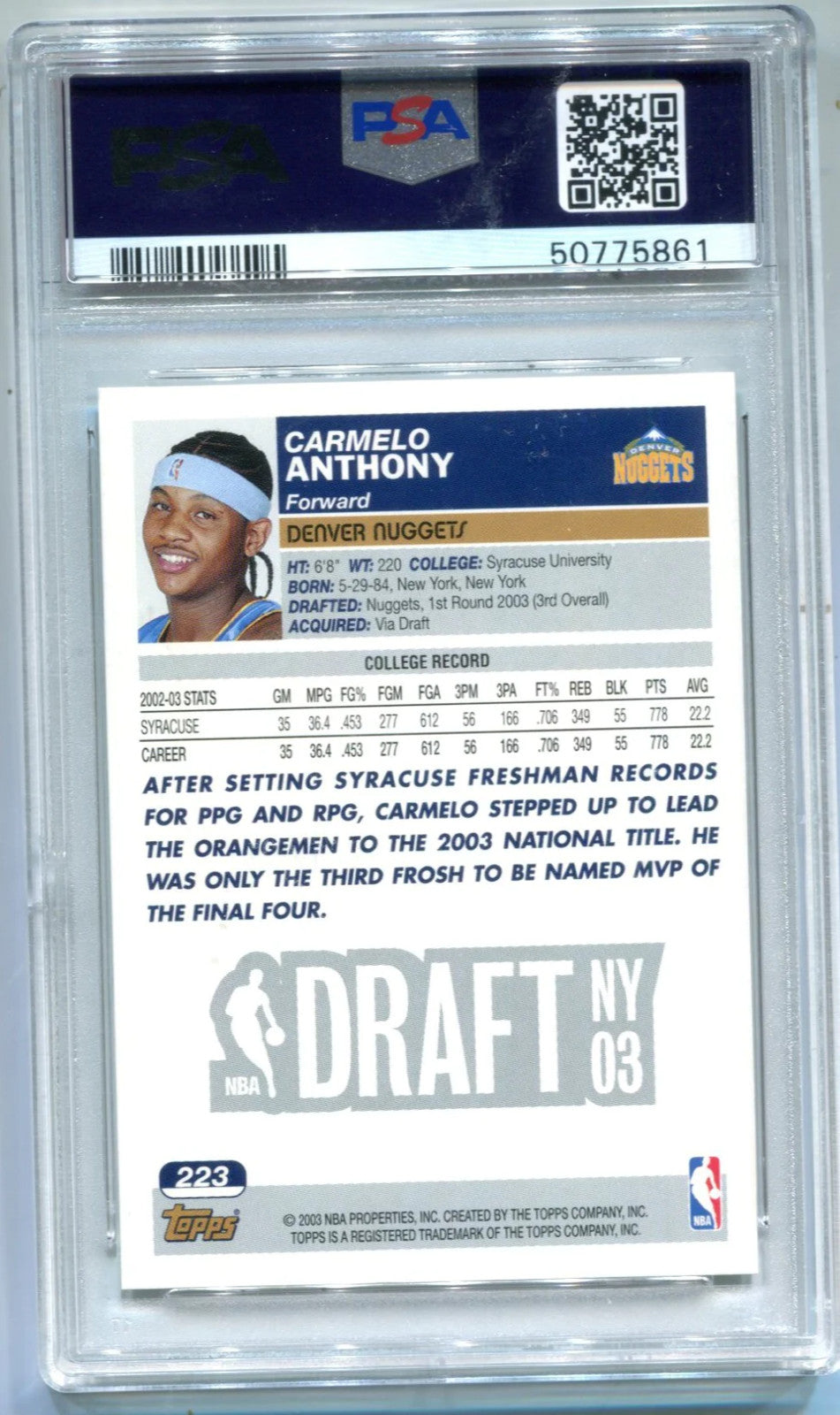 Carmelo Anthony Topps#223 Rookie (Psa Nm-Mt 8) Card