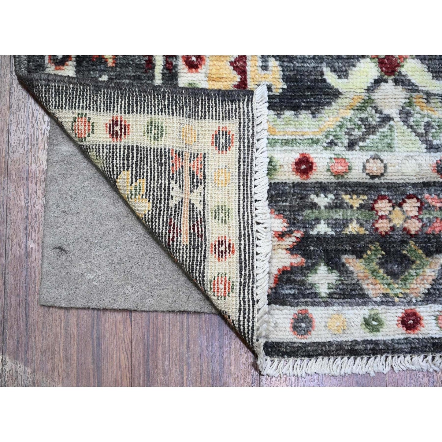 4'4"X9'6" Black Angora Oushak Leaf Design Wool Hand Knotted Runner Rug