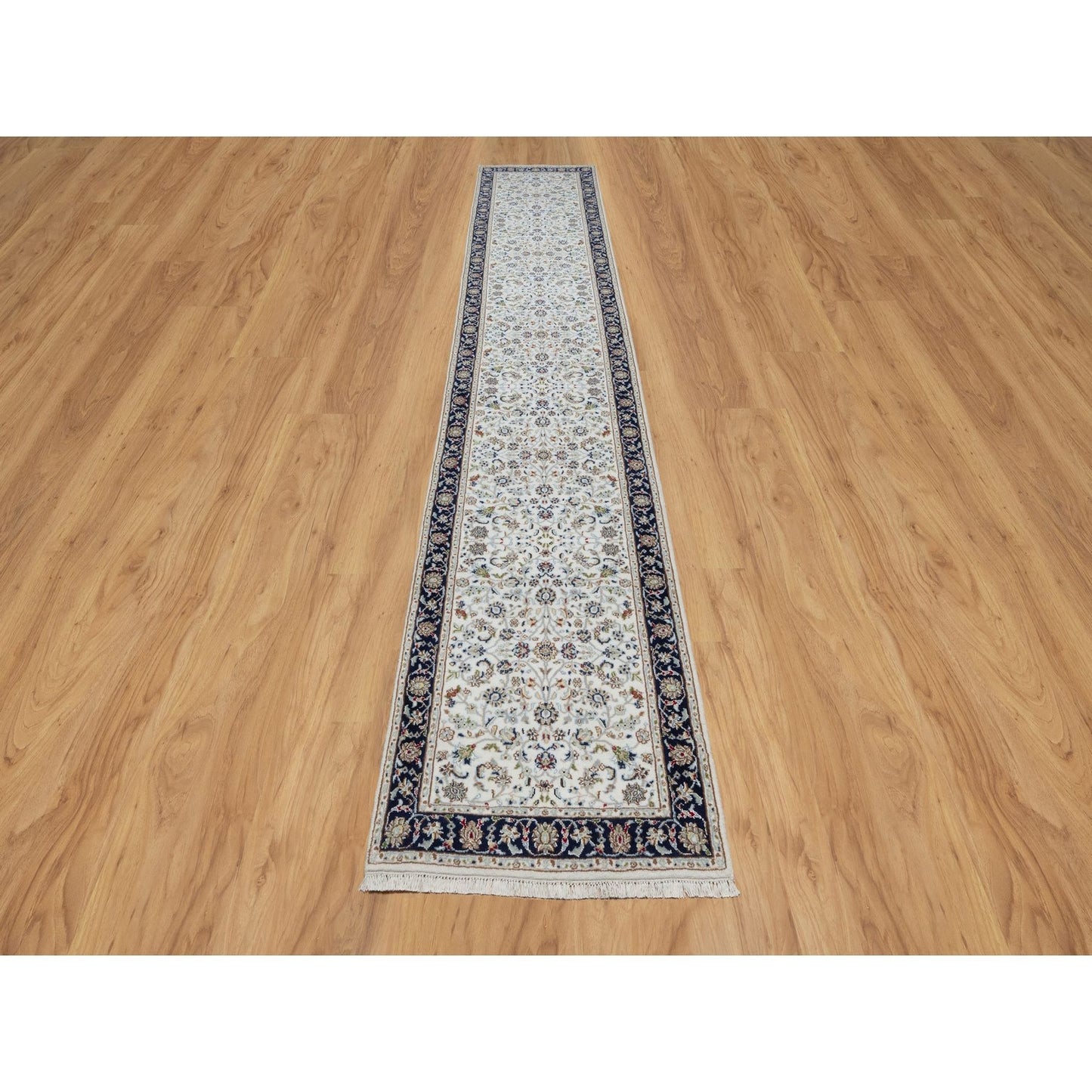 2'8"X14' White Nain Flower Design Wool And Silk Hand Knotted Runner Rug