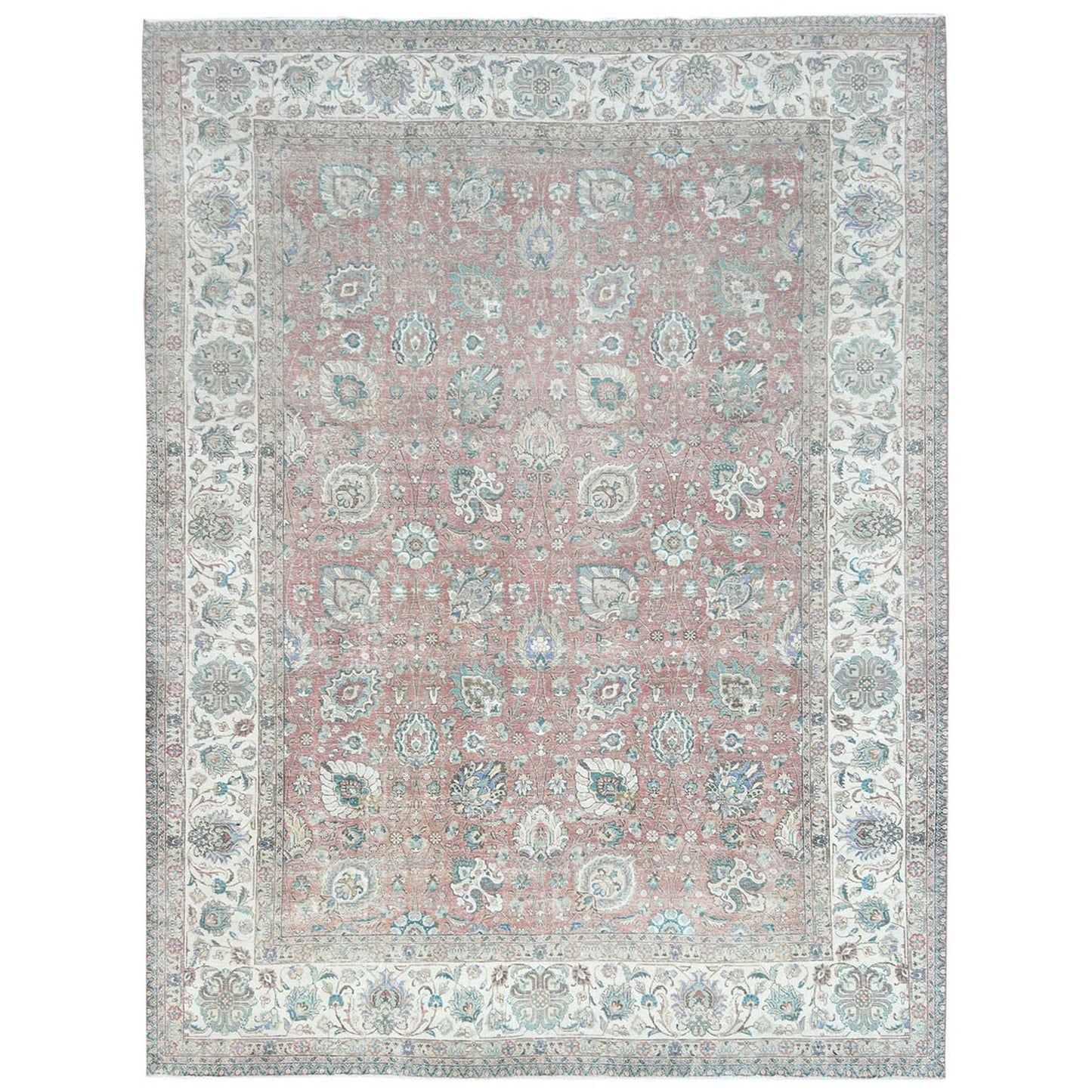 11'1"X14'7" Red Vintage Farsian Tebraz Worn Down Wool Hand Knotted Rug